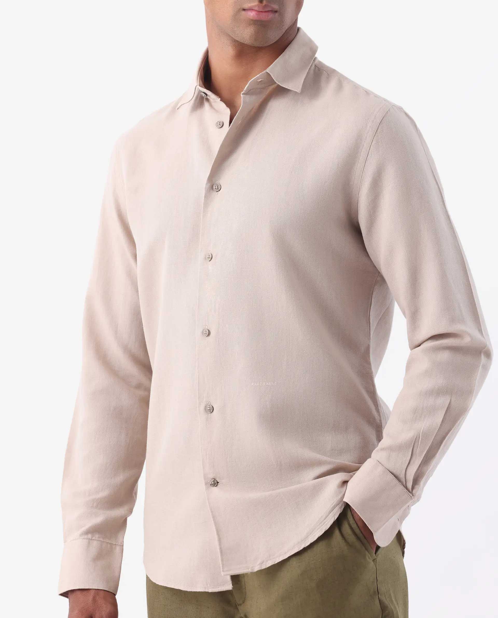 Rare Rabbit Men's Linux Light Beige Linen Blend Plain Regular Fit Full Sleeve Collared Shirt - Image 3