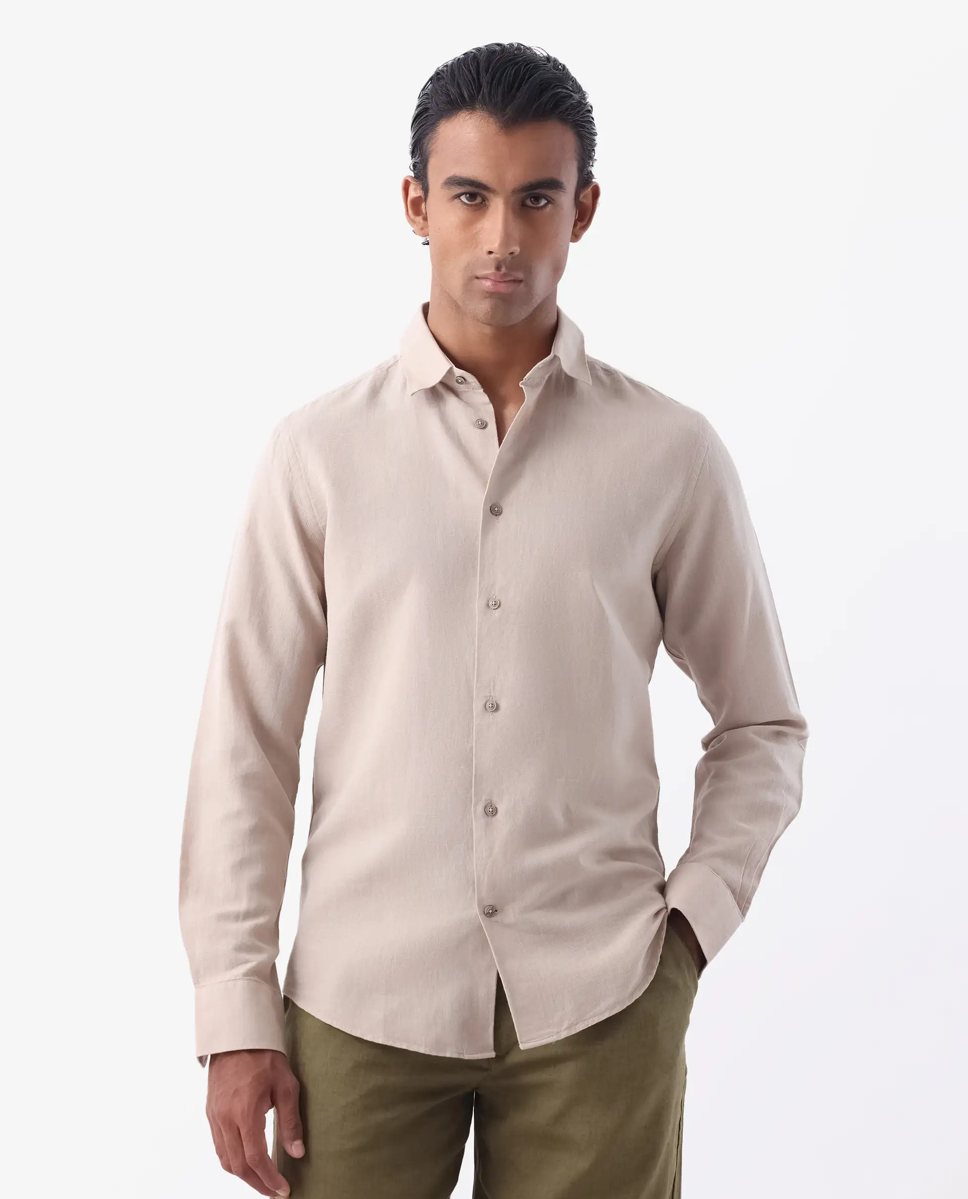 Rare Rabbit Men's Linux Light Beige Linen Blend Plain Regular Fit Full Sleeve Collared Shirt - Image 5
