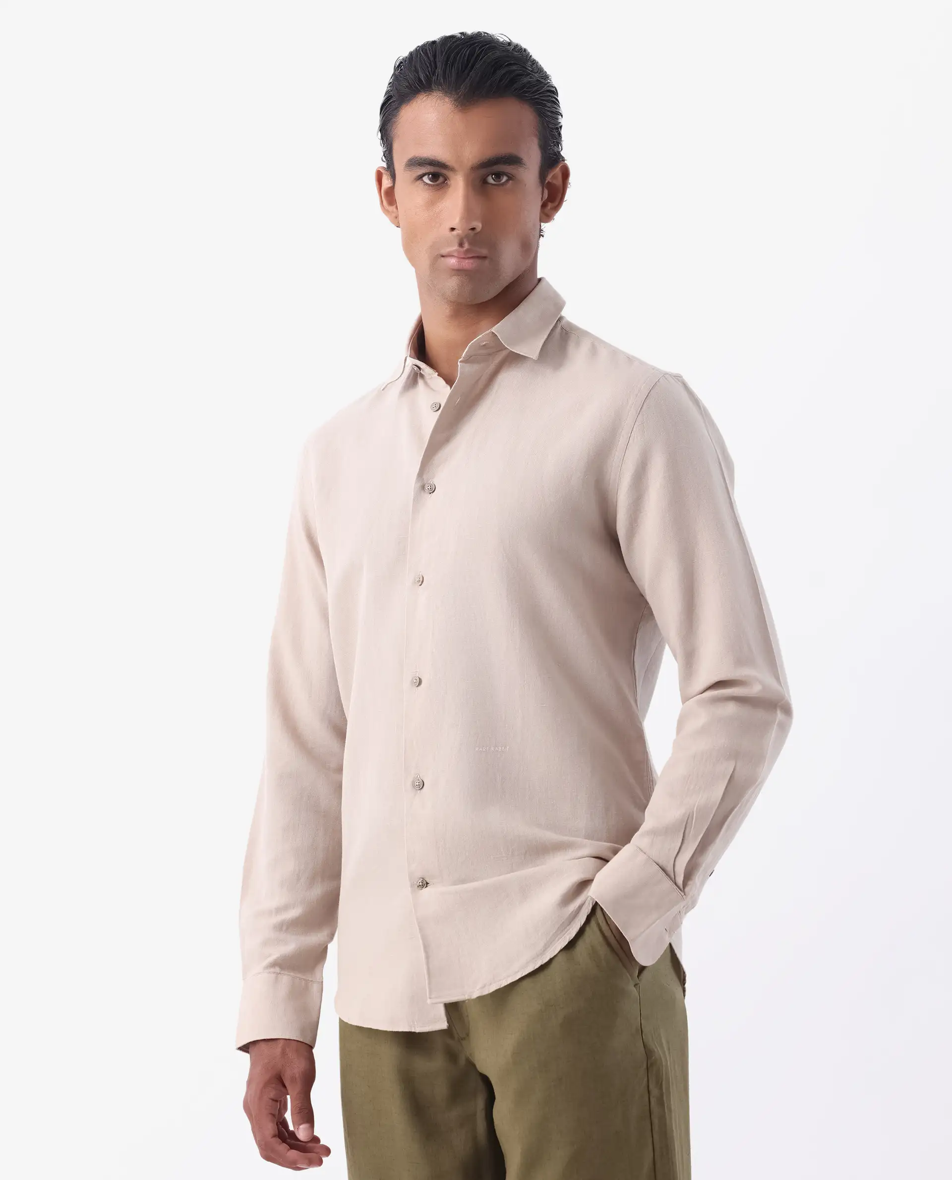 Rare Rabbit Men's Linux Light Beige Linen Blend Plain Regular Fit Full Sleeve Collared Shirt - Image 6