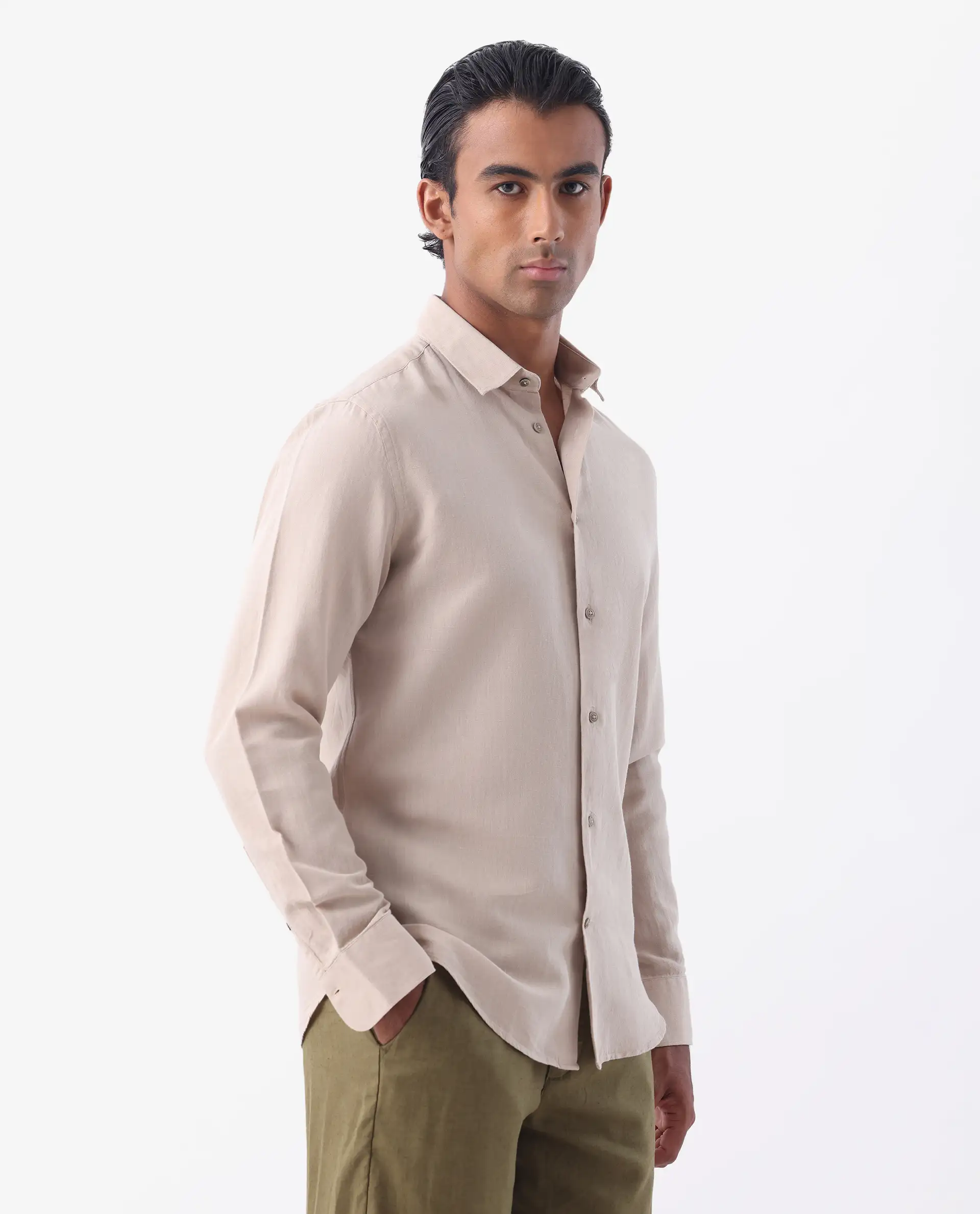 Rare Rabbit Men's Linux Light Beige Linen Blend Plain Regular Fit Full Sleeve Collared Shirt - Image 7