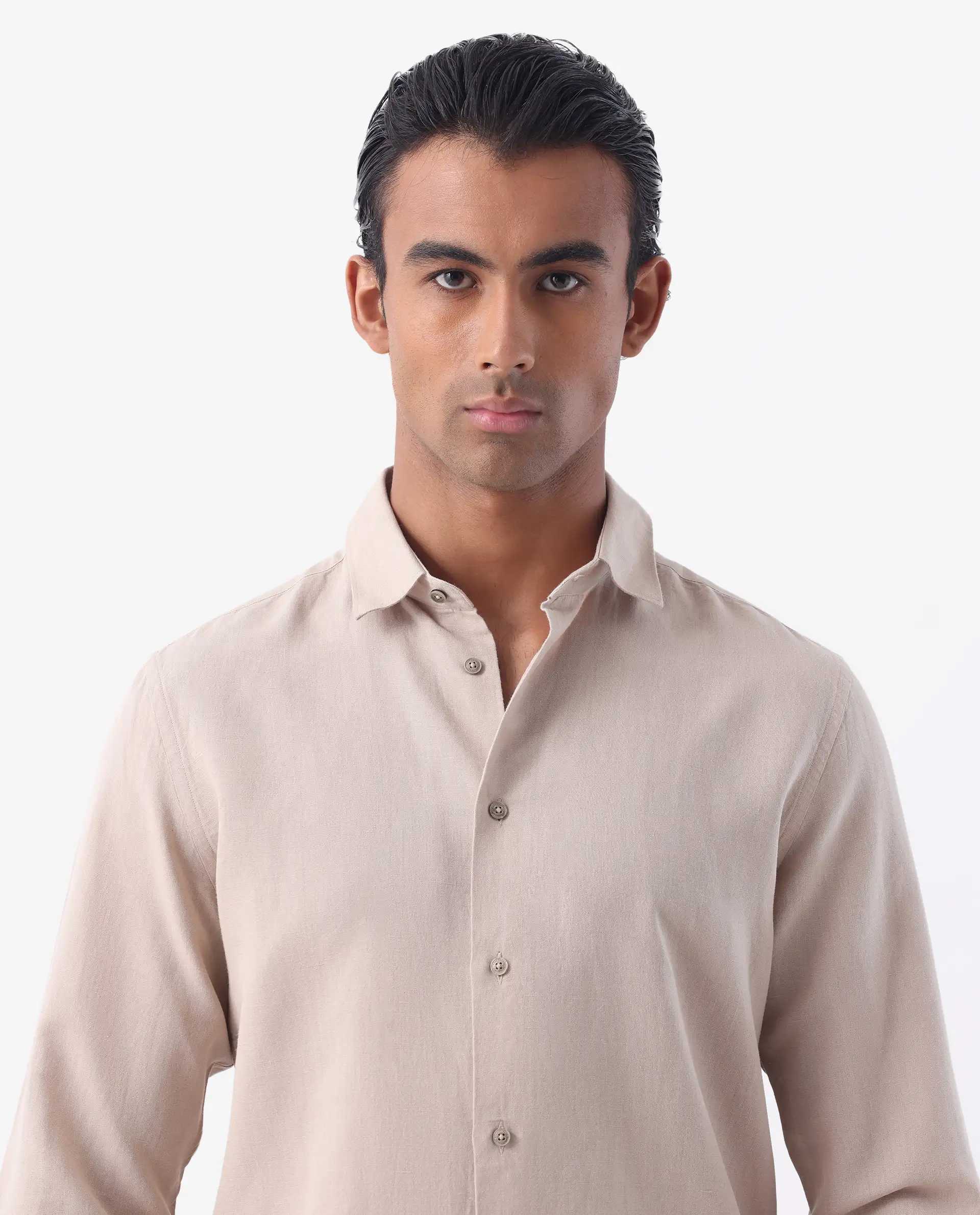 Rare Rabbit Men's Linux Light Beige Linen Blend Plain Regular Fit Full Sleeve Collared Shirt - Image 8