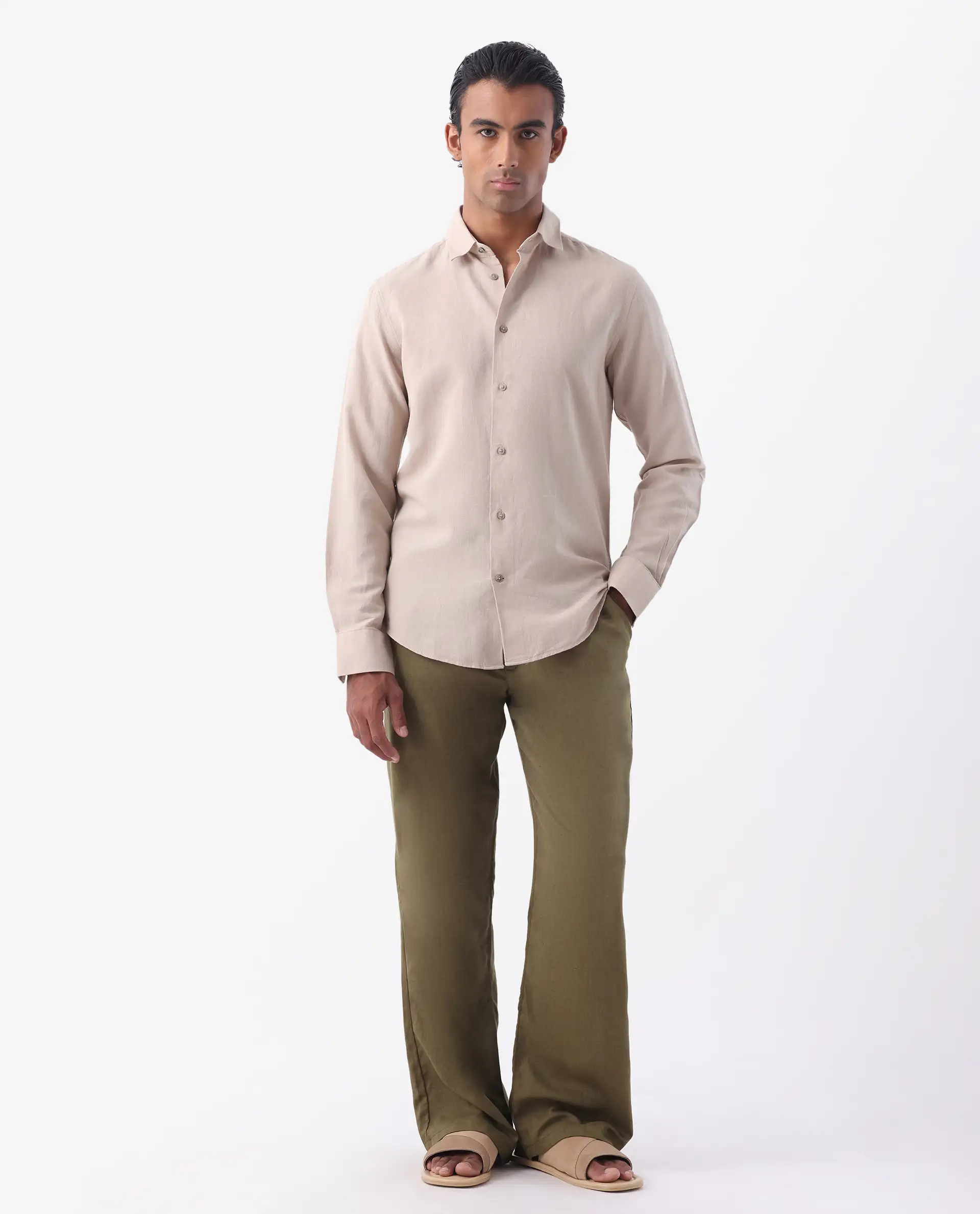 Rare Rabbit Men's Linux Light Beige Linen Blend Plain Regular Fit Full Sleeve Collared Shirt - Image 9