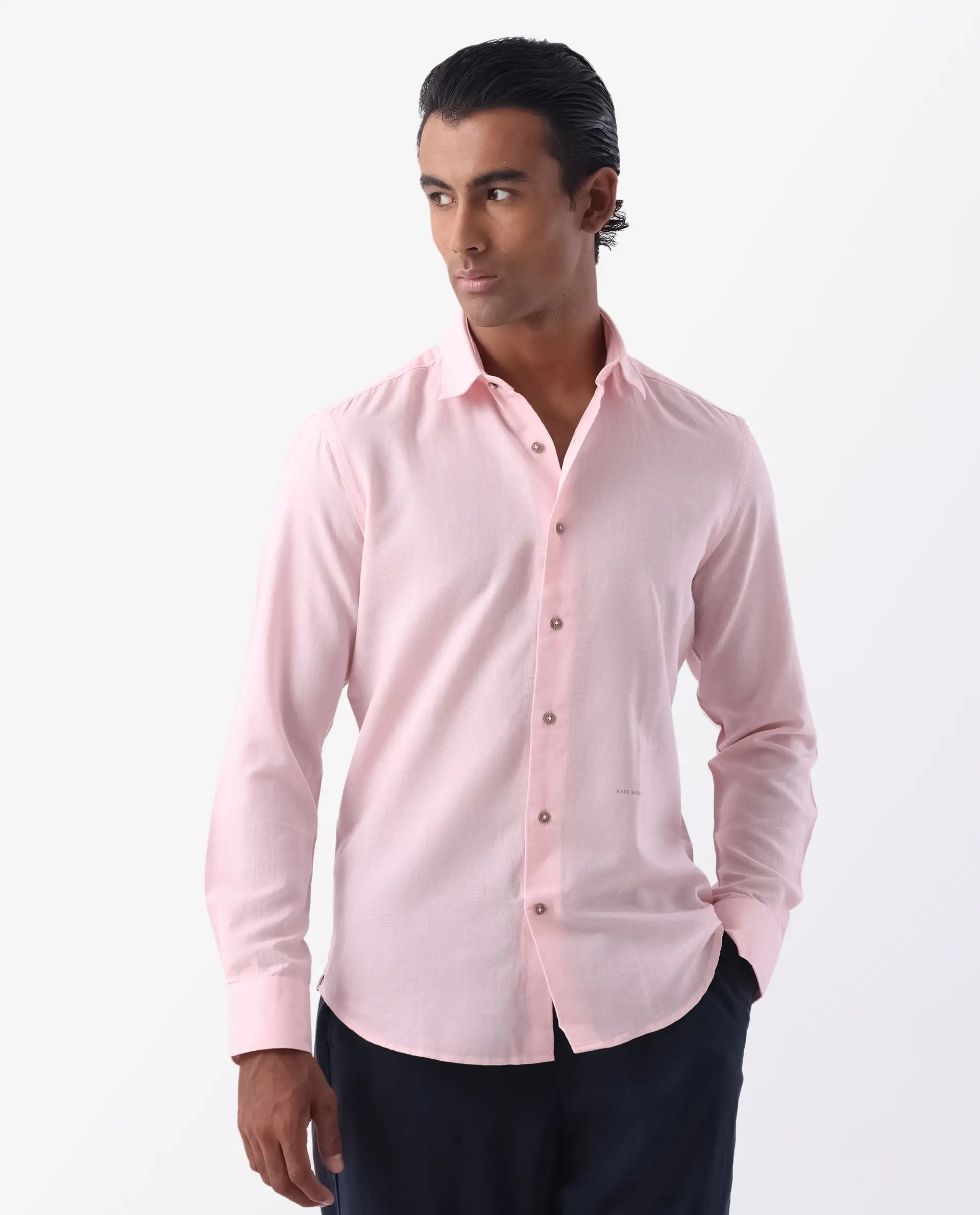 Rare Rabbit Men's Linux Light Pink Linen Blend Plain Regular Fit Full Sleeve Collared Shirt