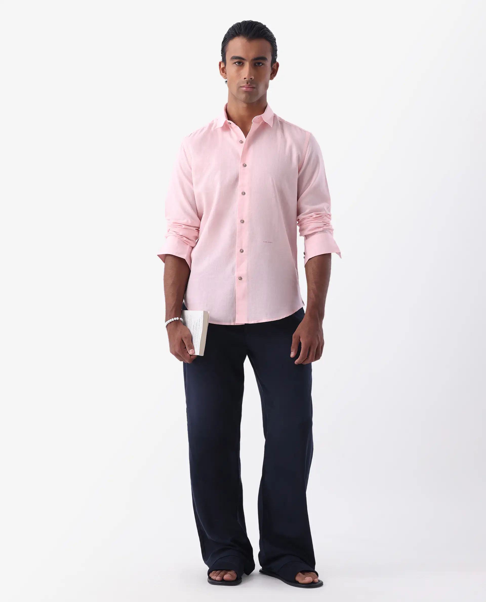Rare Rabbit Men's Linux Light Pink Linen Blend Plain Regular Fit Full Sleeve Collared Shirt - Image 2