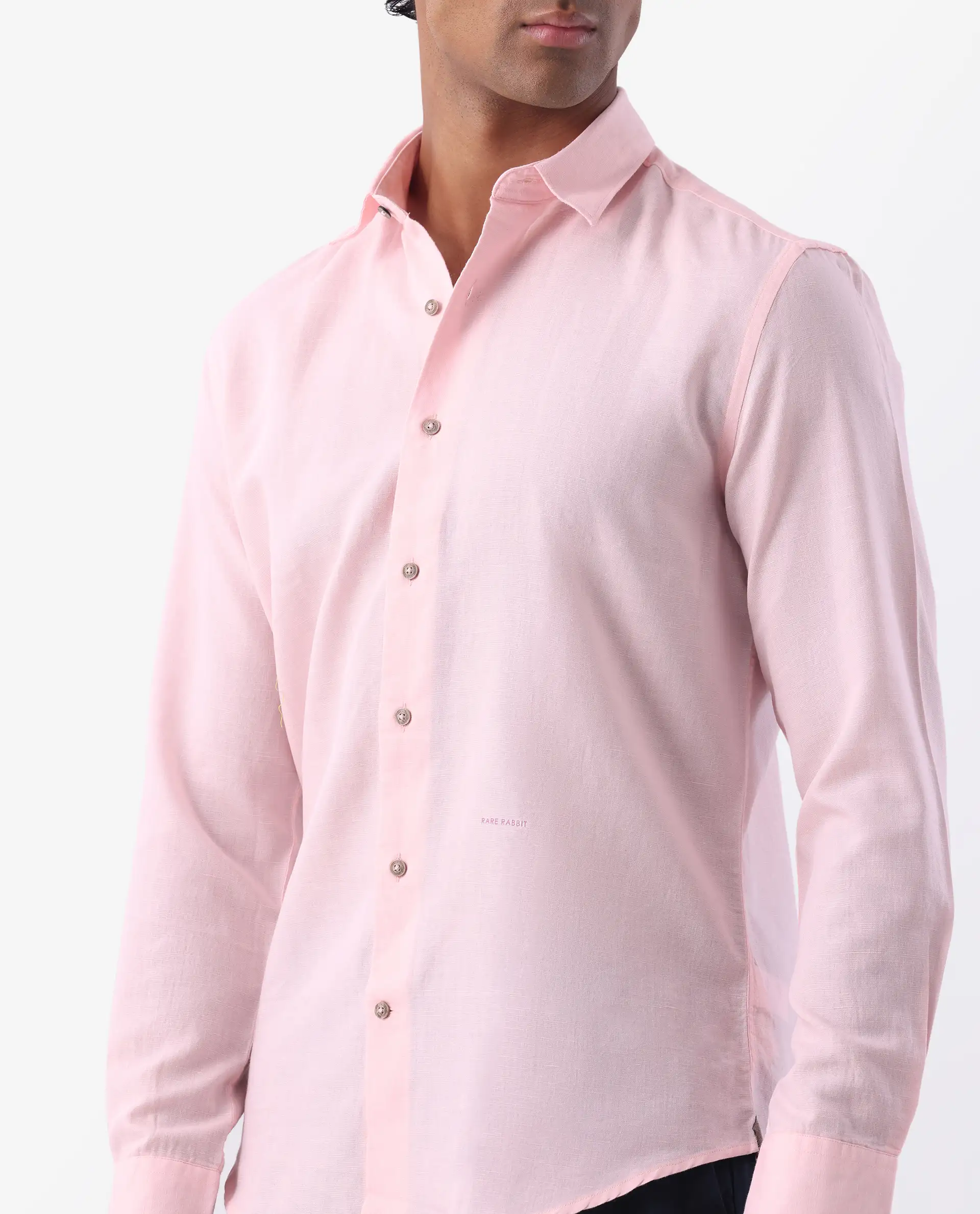 Rare Rabbit Men's Linux Light Pink Linen Blend Plain Regular Fit Full Sleeve Collared Shirt - Image 3