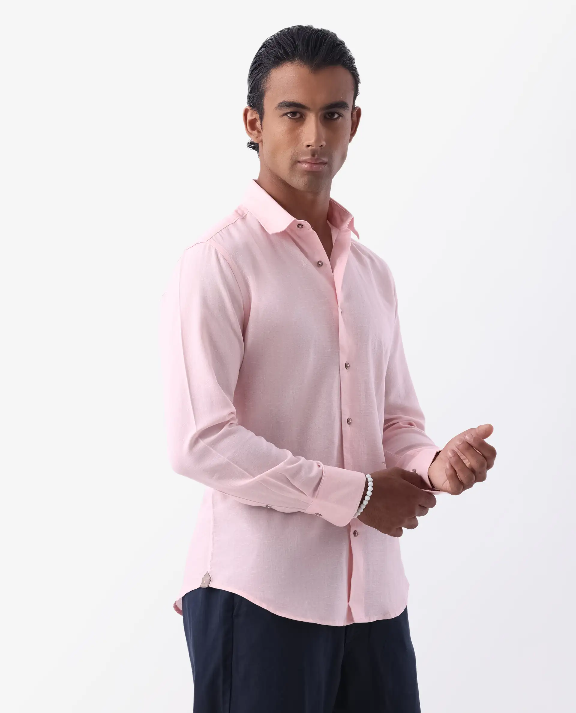 Rare Rabbit Men's Linux Light Pink Linen Blend Plain Regular Fit Full Sleeve Collared Shirt - Image 5