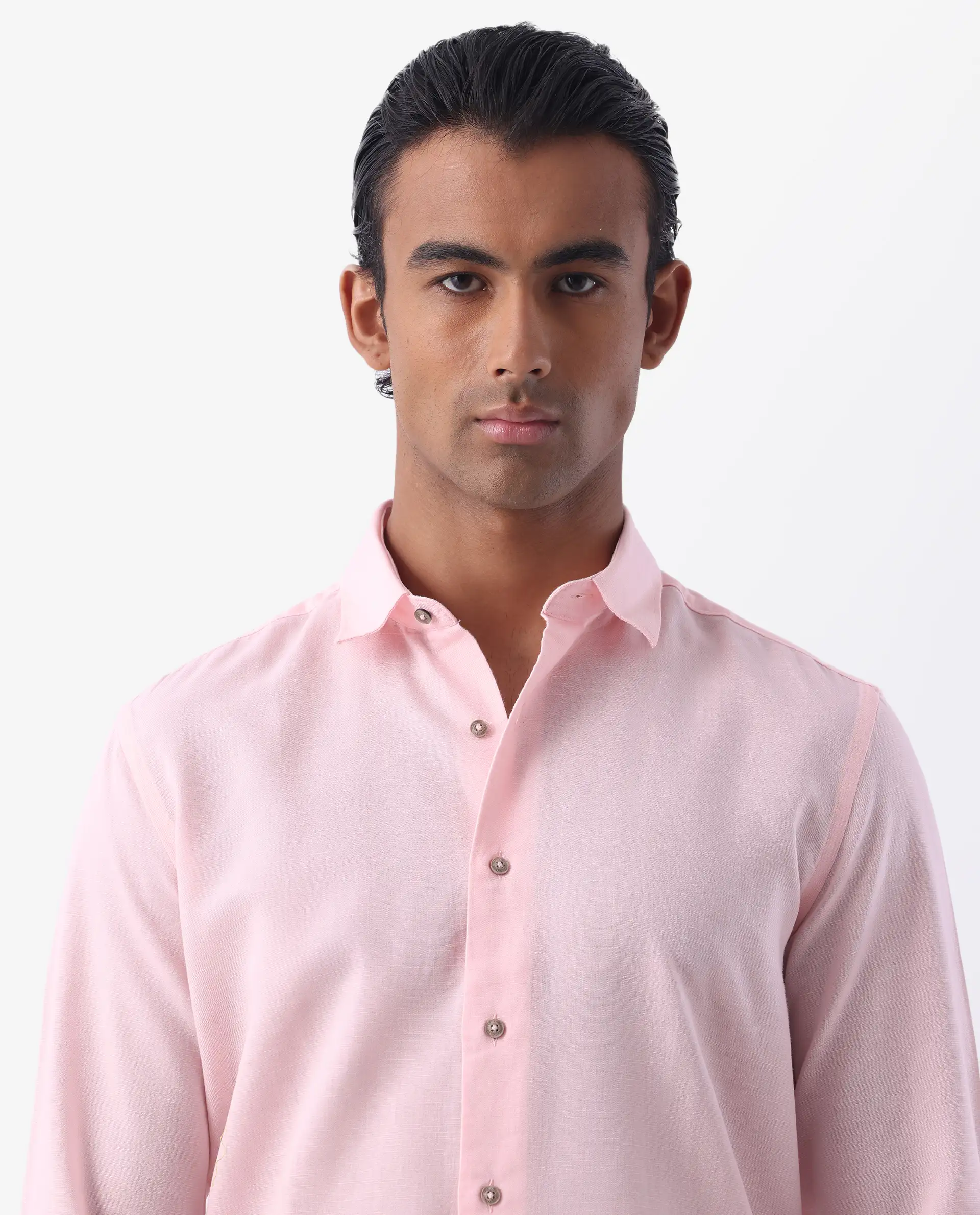 Rare Rabbit Men's Linux Light Pink Linen Blend Plain Regular Fit Full Sleeve Collared Shirt - Image 6