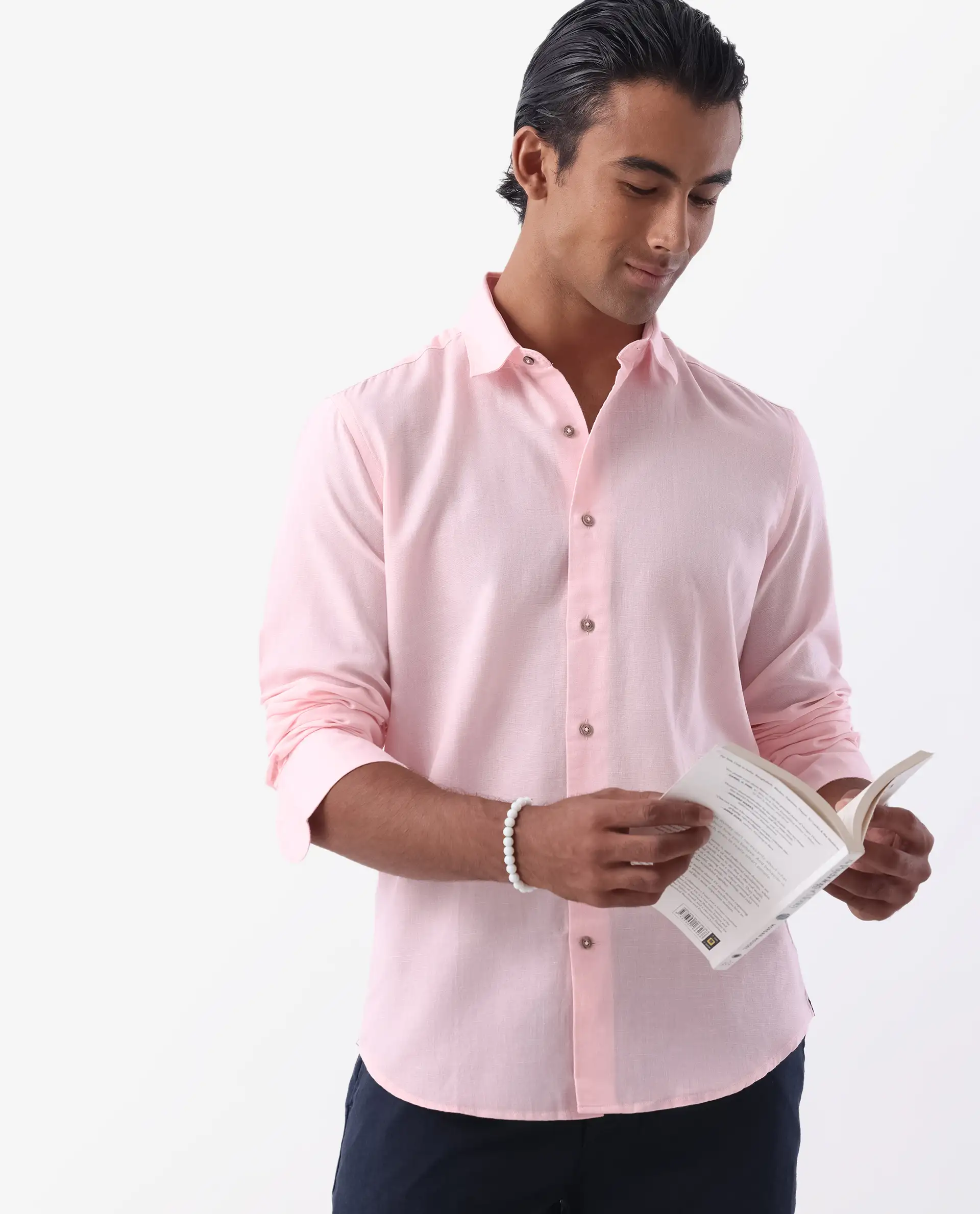 Rare Rabbit Men's Linux Light Pink Linen Blend Plain Regular Fit Full Sleeve Collared Shirt - Image 7