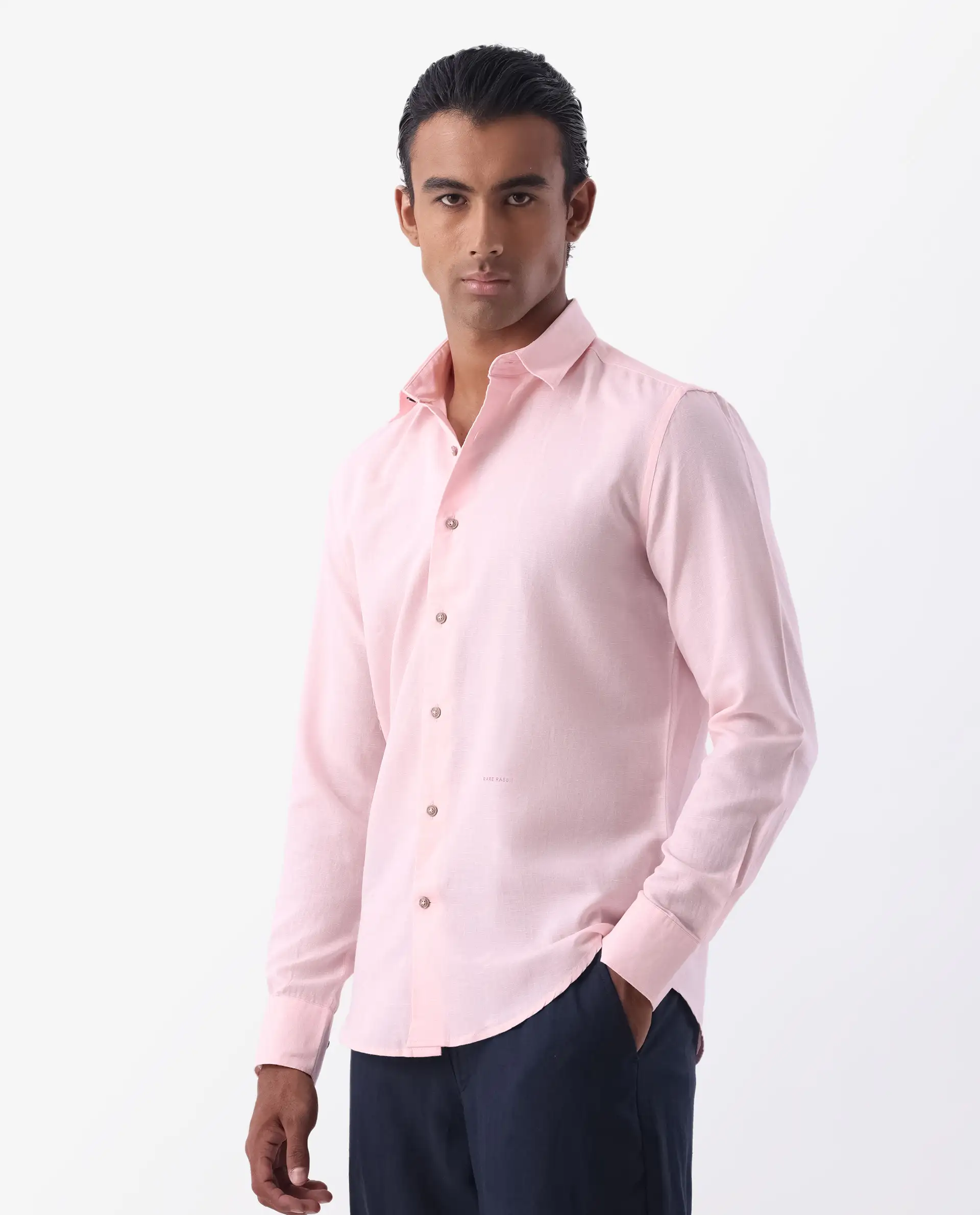 Rare Rabbit Men's Linux Light Pink Linen Blend Plain Regular Fit Full Sleeve Collared Shirt - Image 8