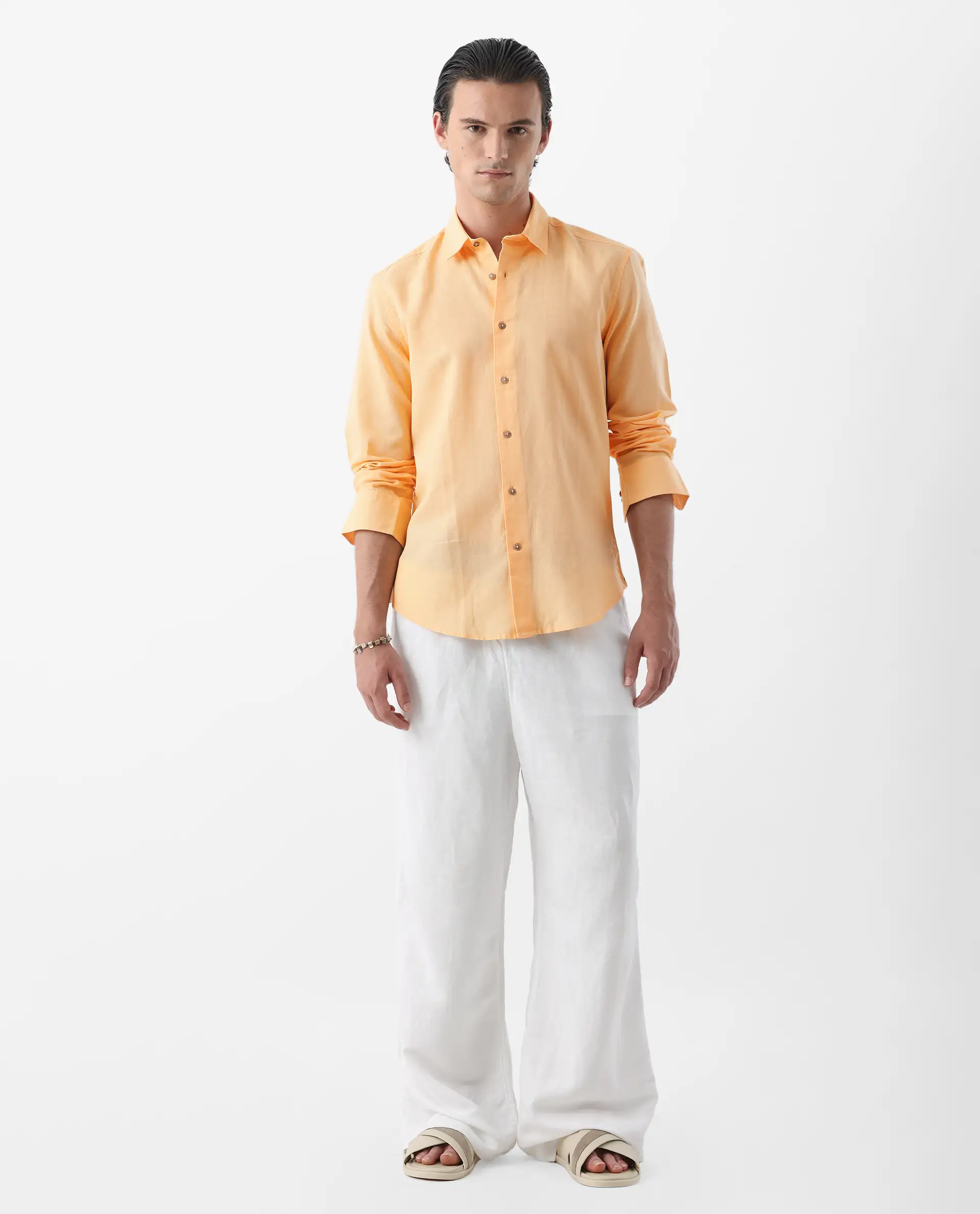 Rare Rabbit Men's Linux Light Yellow Linen Blend Plain Regular Fit Full Sleeve Collared Shirt - Image 2