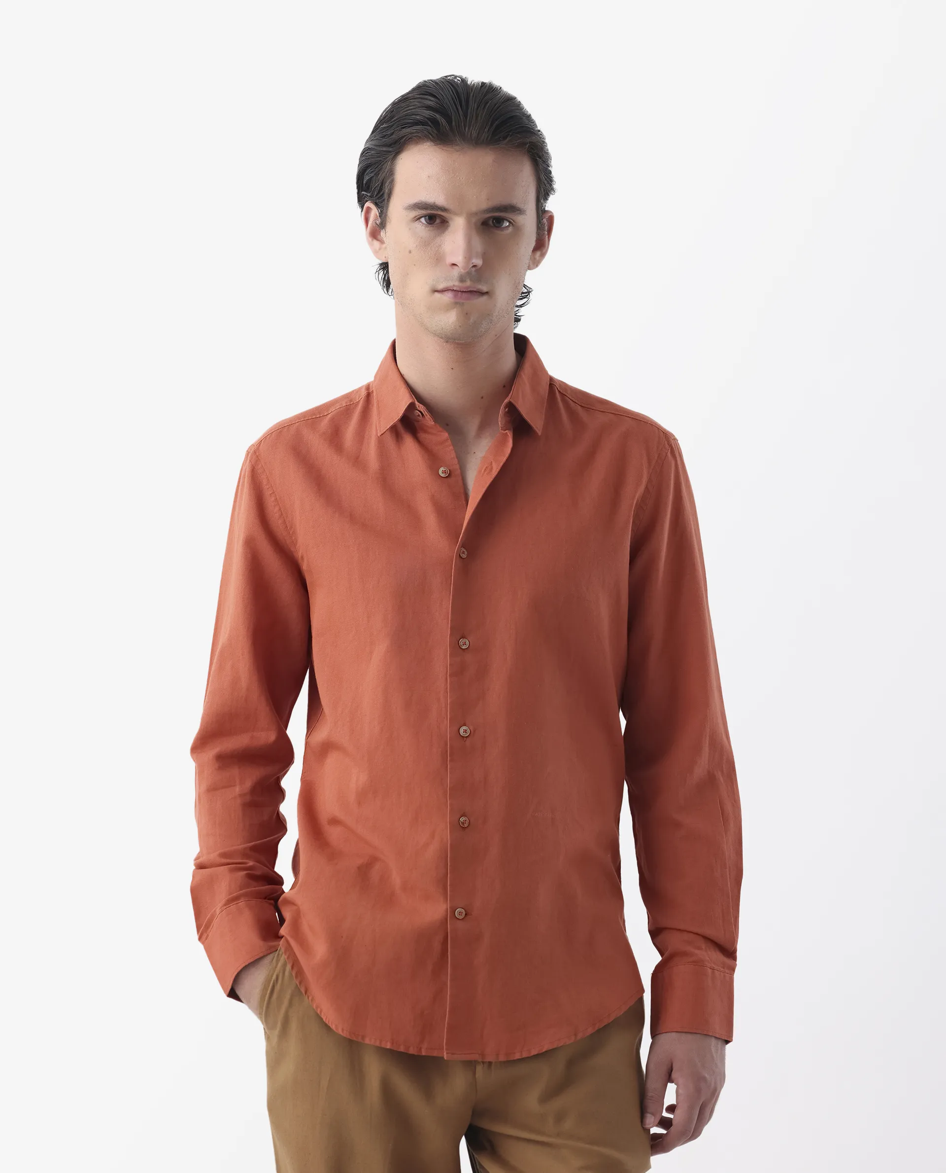Rare Rabbit Men's Linux Orange Linen Blend Plain Regular Fit Full Sleeve Collared Shirt