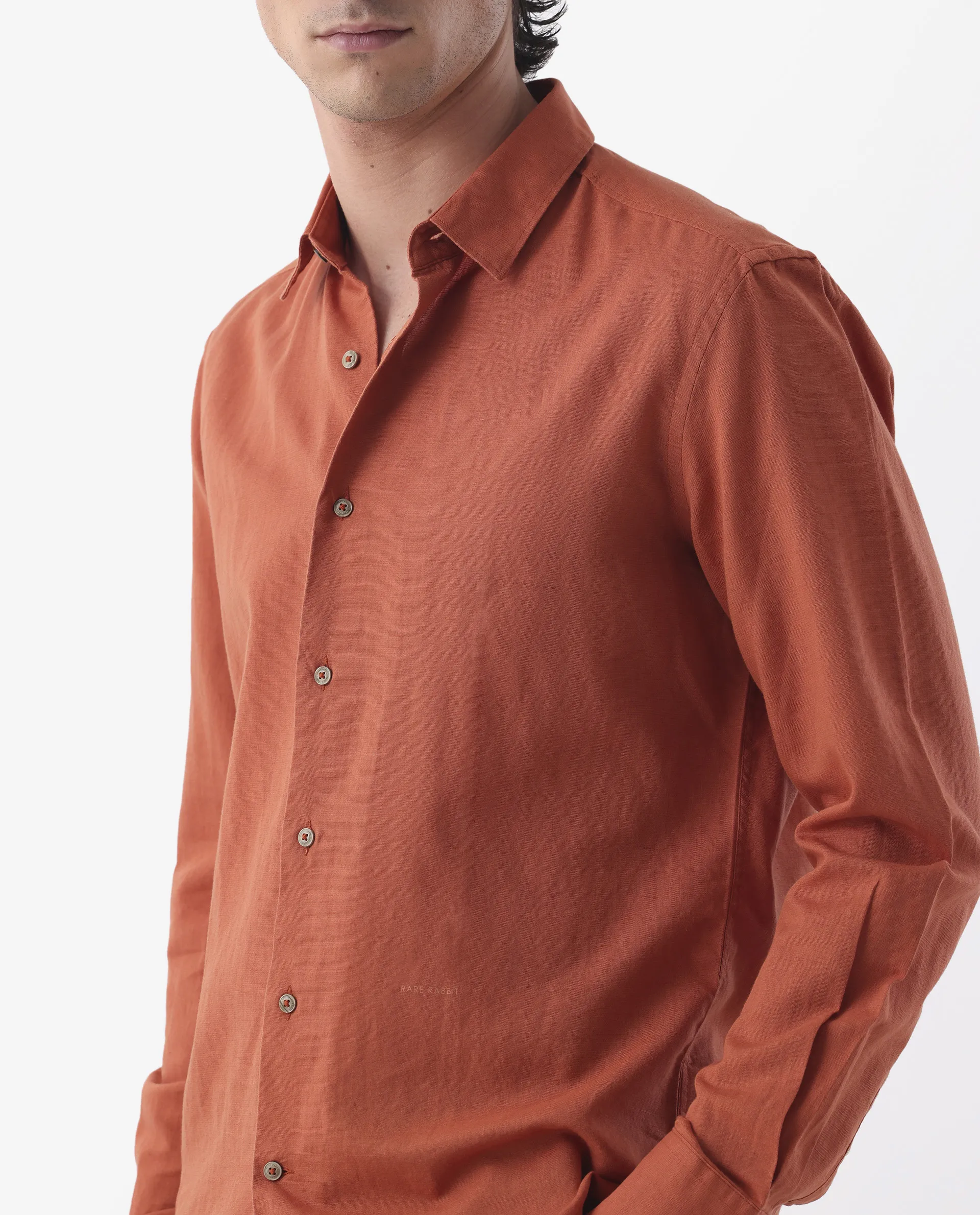 Rare Rabbit Men's Linux Orange Linen Blend Plain Regular Fit Full Sleeve Collared Shirt - Image 2