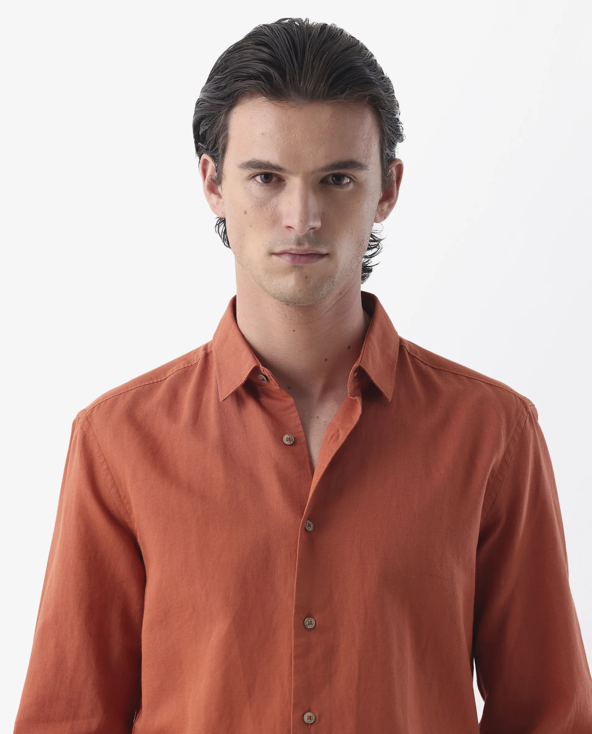 Rare Rabbit Men's Linux Orange Linen Blend Plain Regular Fit Full Sleeve Collared Shirt - Image 3