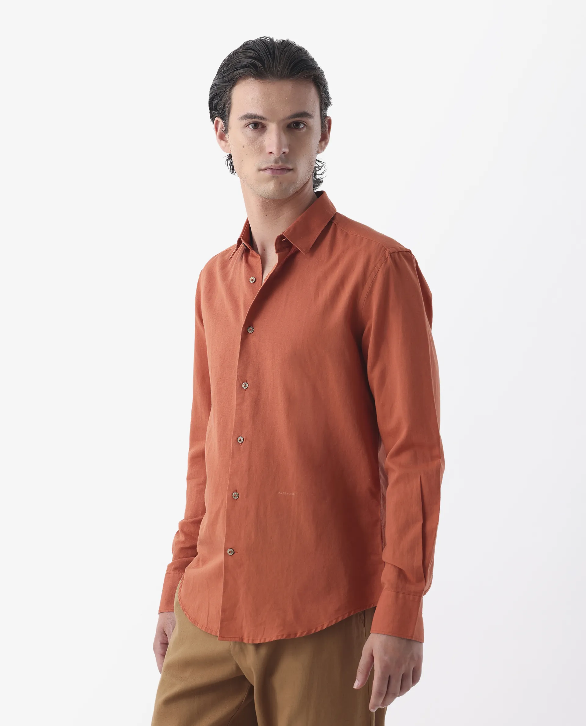 Rare Rabbit Men's Linux Orange Linen Blend Plain Regular Fit Full Sleeve Collared Shirt - Image 4