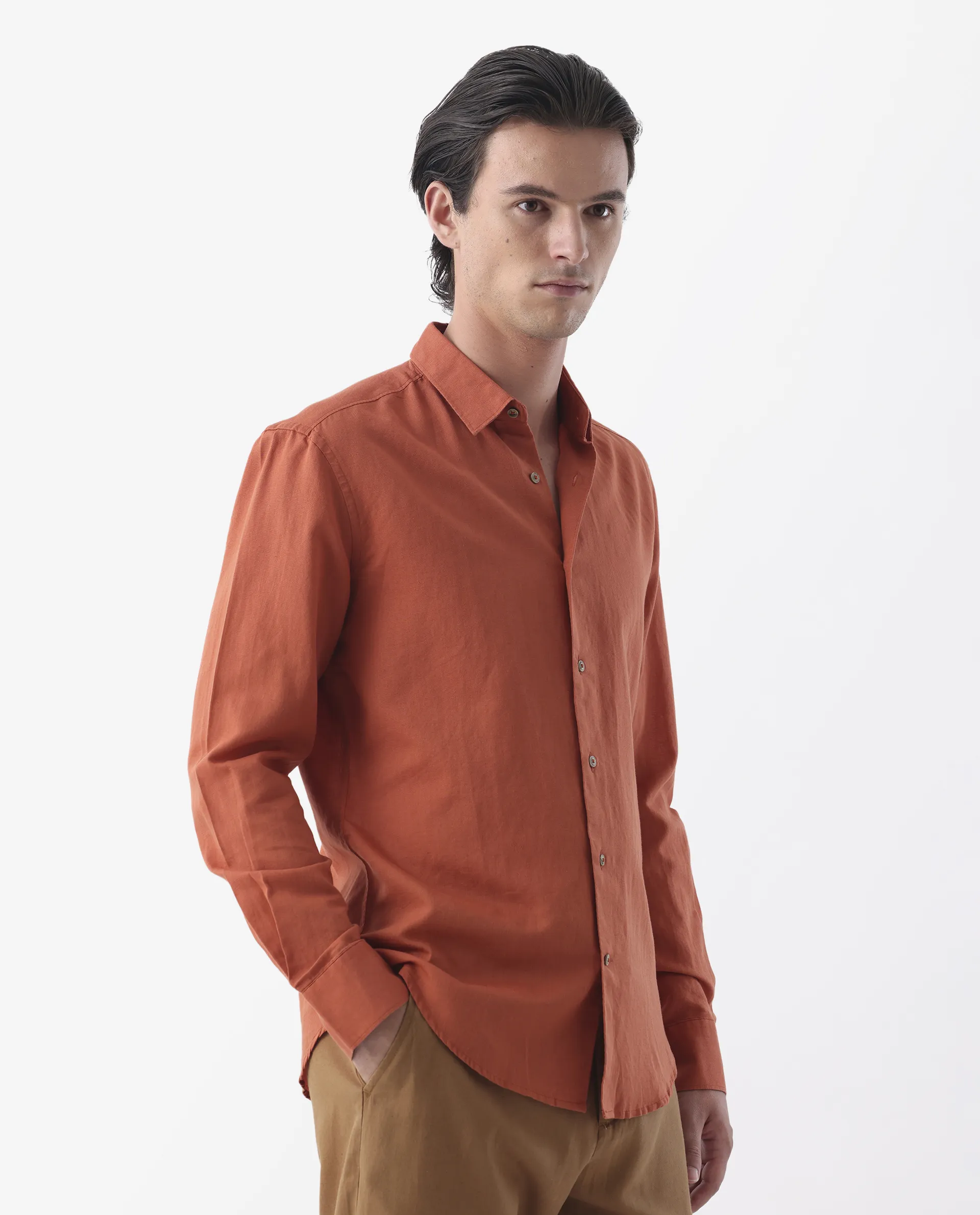 Rare Rabbit Men's Linux Orange Linen Blend Plain Regular Fit Full Sleeve Collared Shirt - Image 5