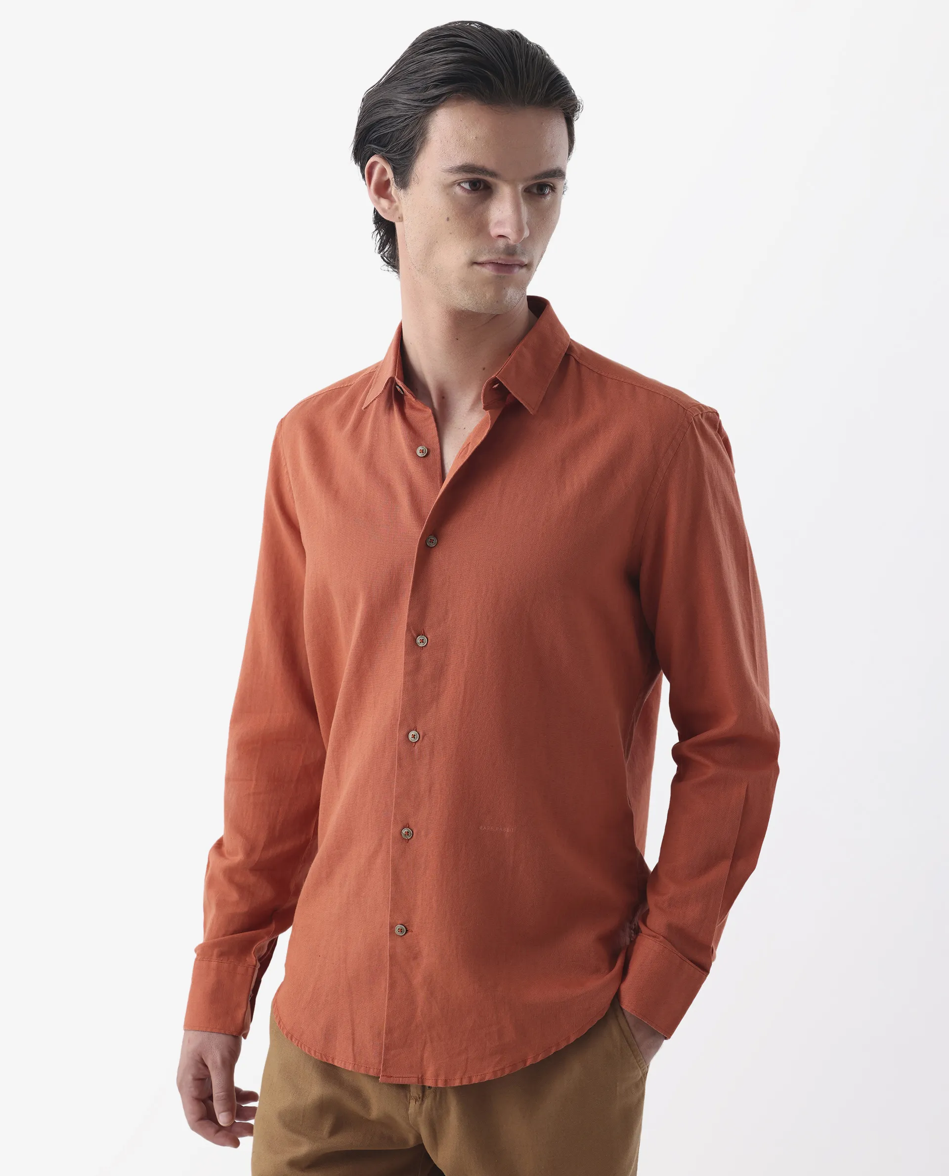 Rare Rabbit Men's Linux Orange Linen Blend Plain Regular Fit Full Sleeve Collared Shirt - Image 6