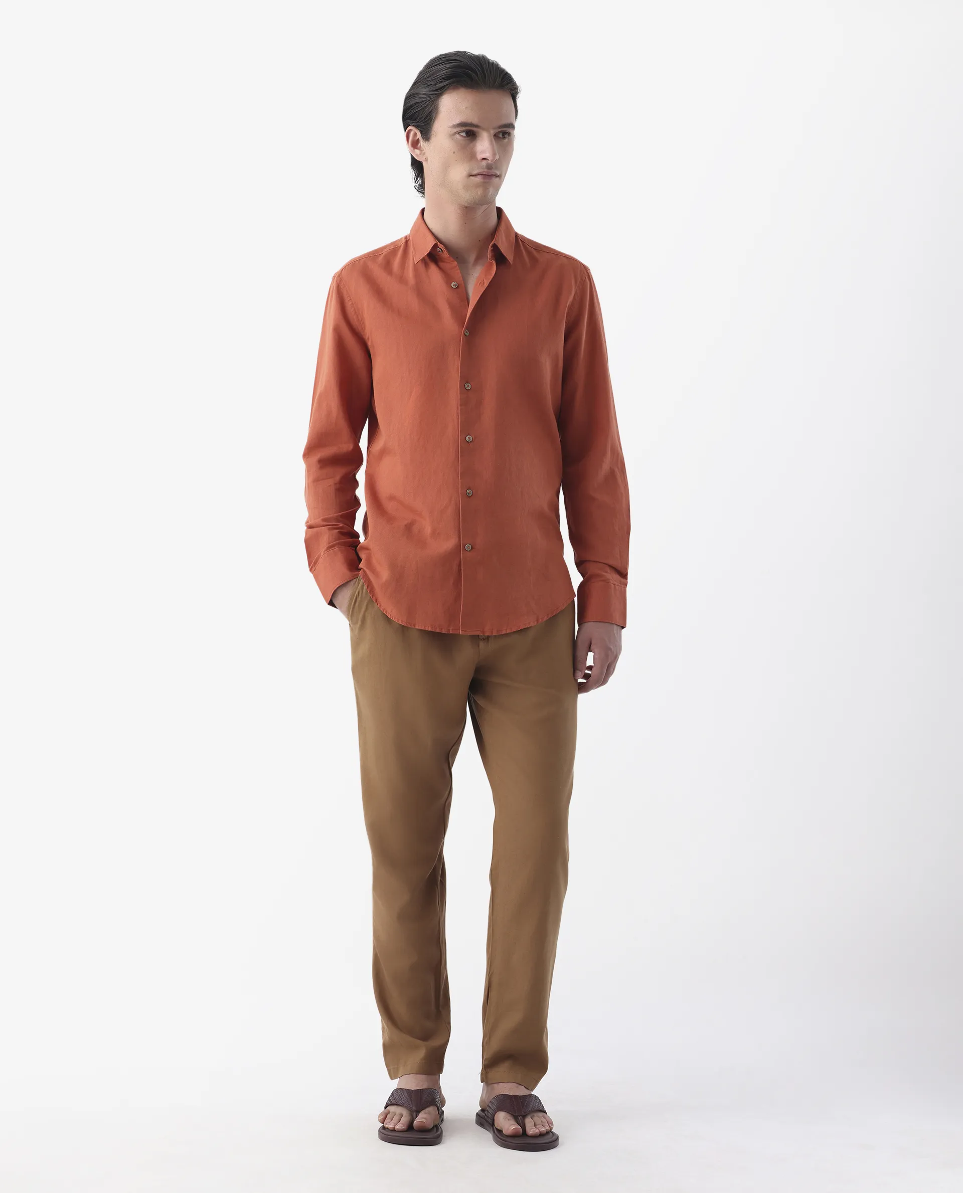 Rare Rabbit Men's Linux Orange Linen Blend Plain Regular Fit Full Sleeve Collared Shirt - Image 7