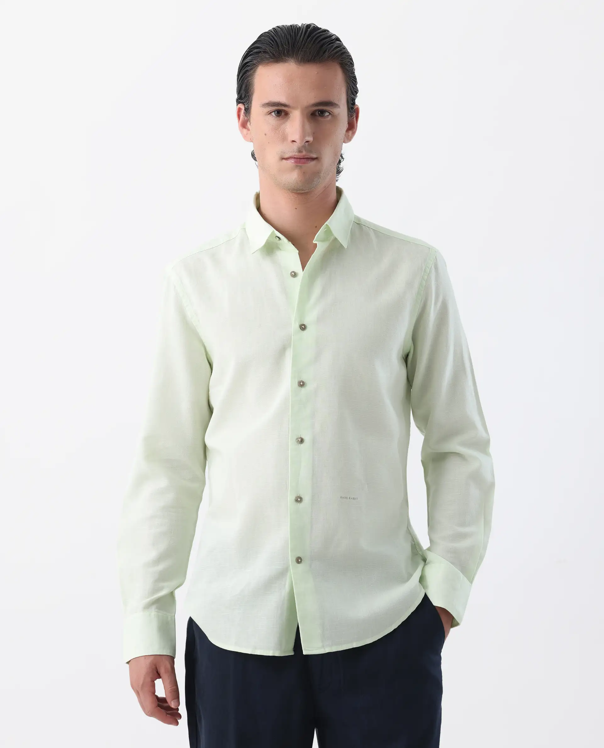 Rare Rabbit Men's Linux Pastel Green Linen Blend Plain Regular Fit Full Sleeve Collared Shirt - Image 2