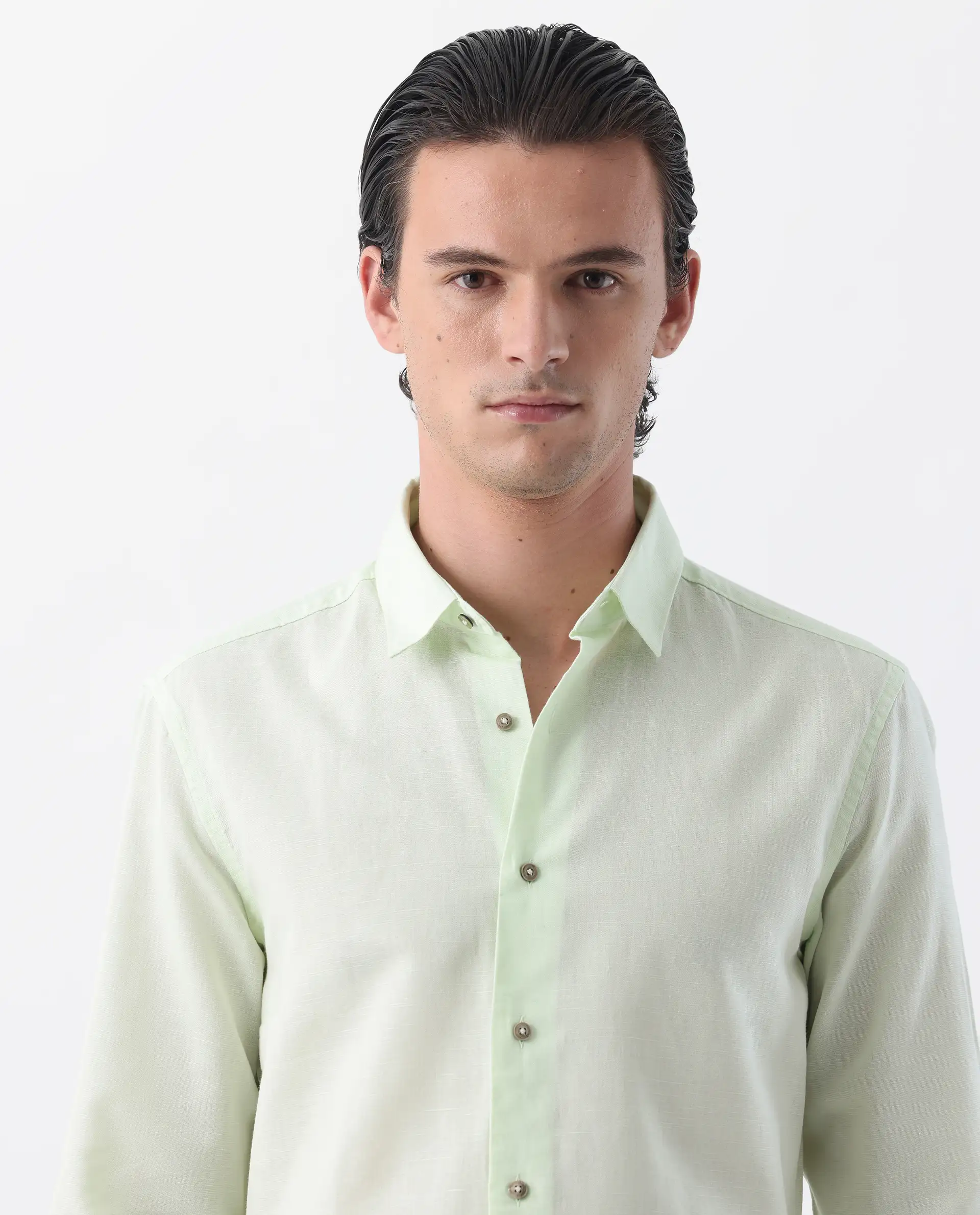 Rare Rabbit Men's Linux Pastel Green Linen Blend Plain Regular Fit Full Sleeve Collared Shirt - Image 3