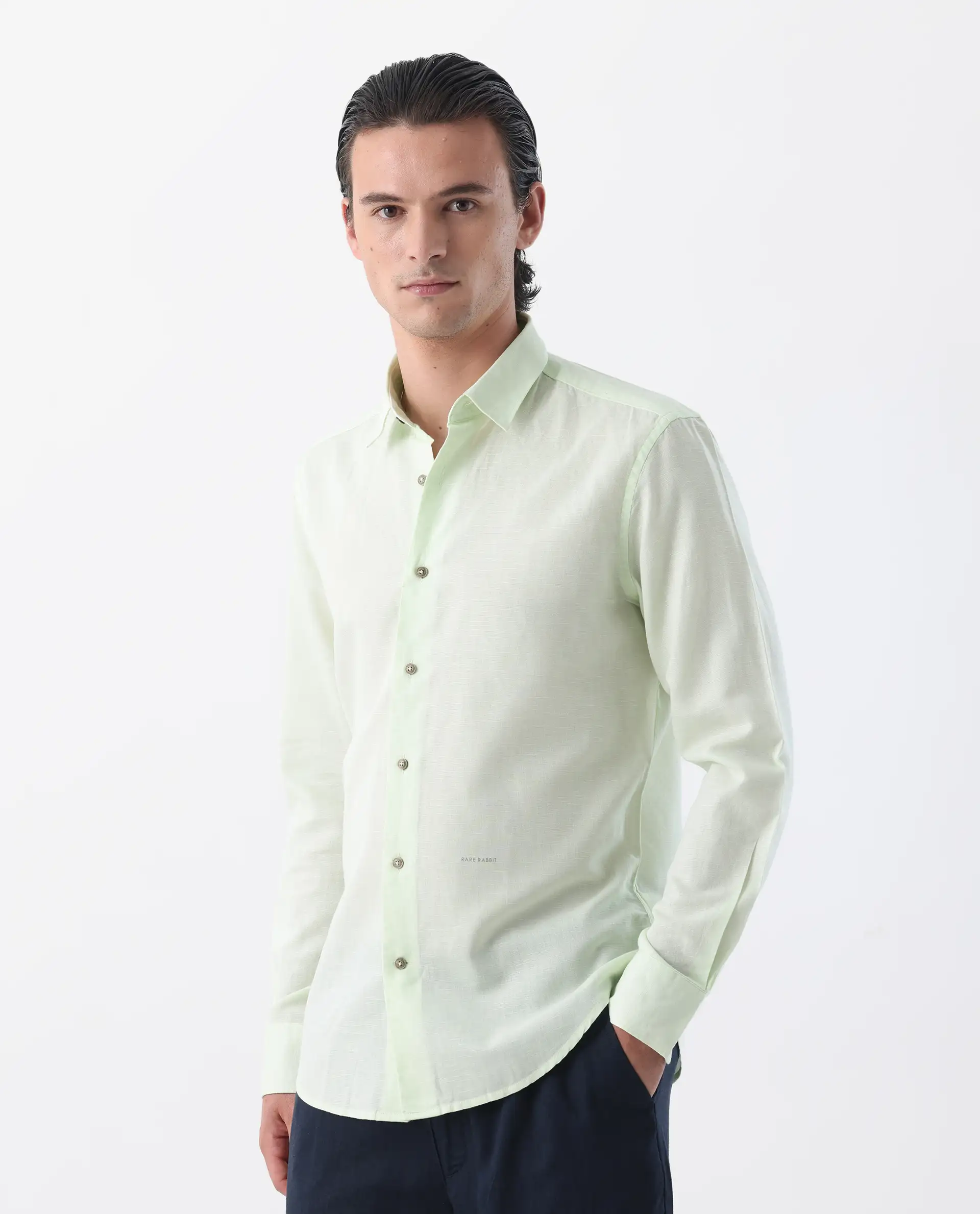 Rare Rabbit Men's Linux Pastel Green Linen Blend Plain Regular Fit Full Sleeve Collared Shirt - Image 4