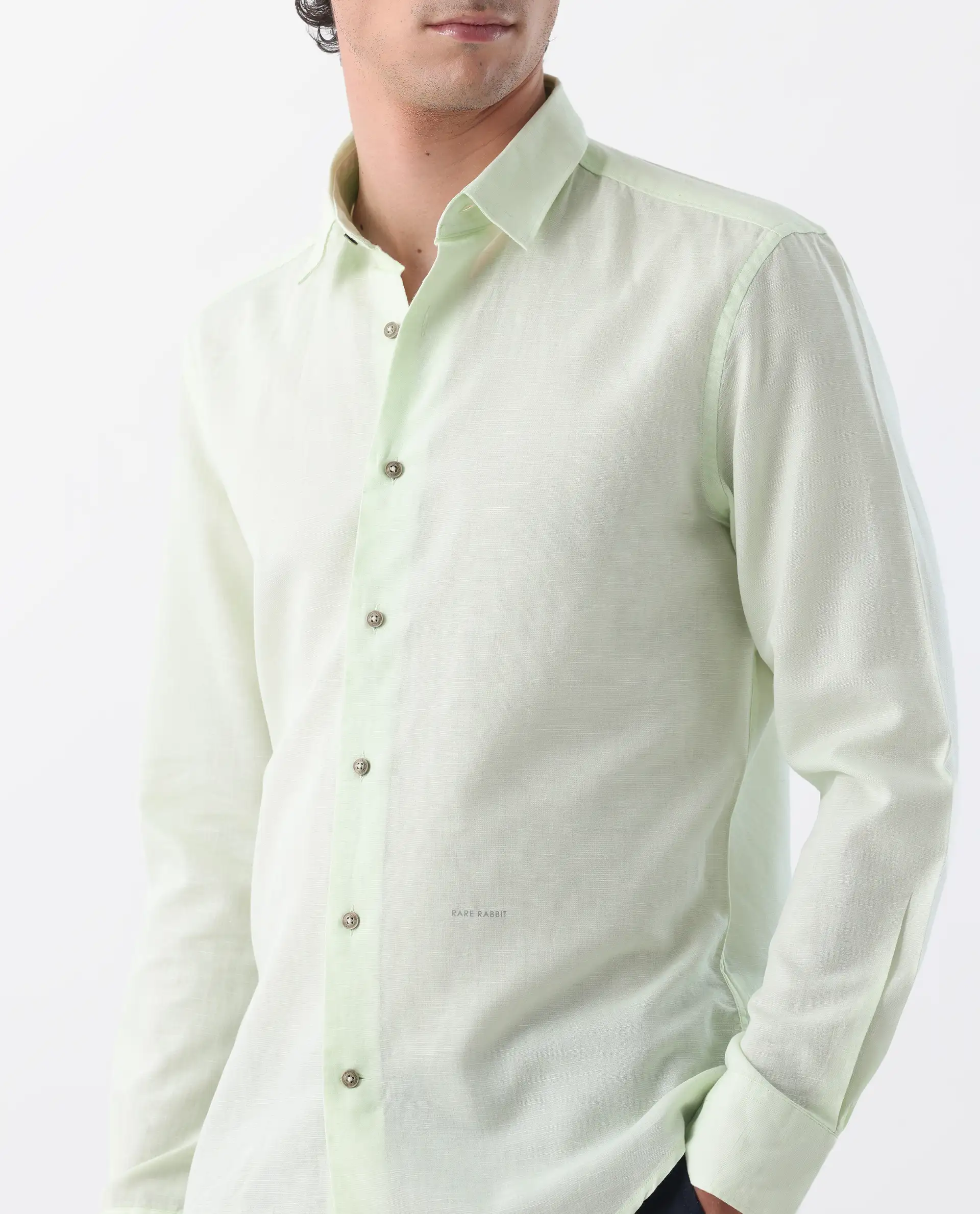 Rare Rabbit Men's Linux Pastel Green Linen Blend Plain Regular Fit Full Sleeve Collared Shirt - Image 6