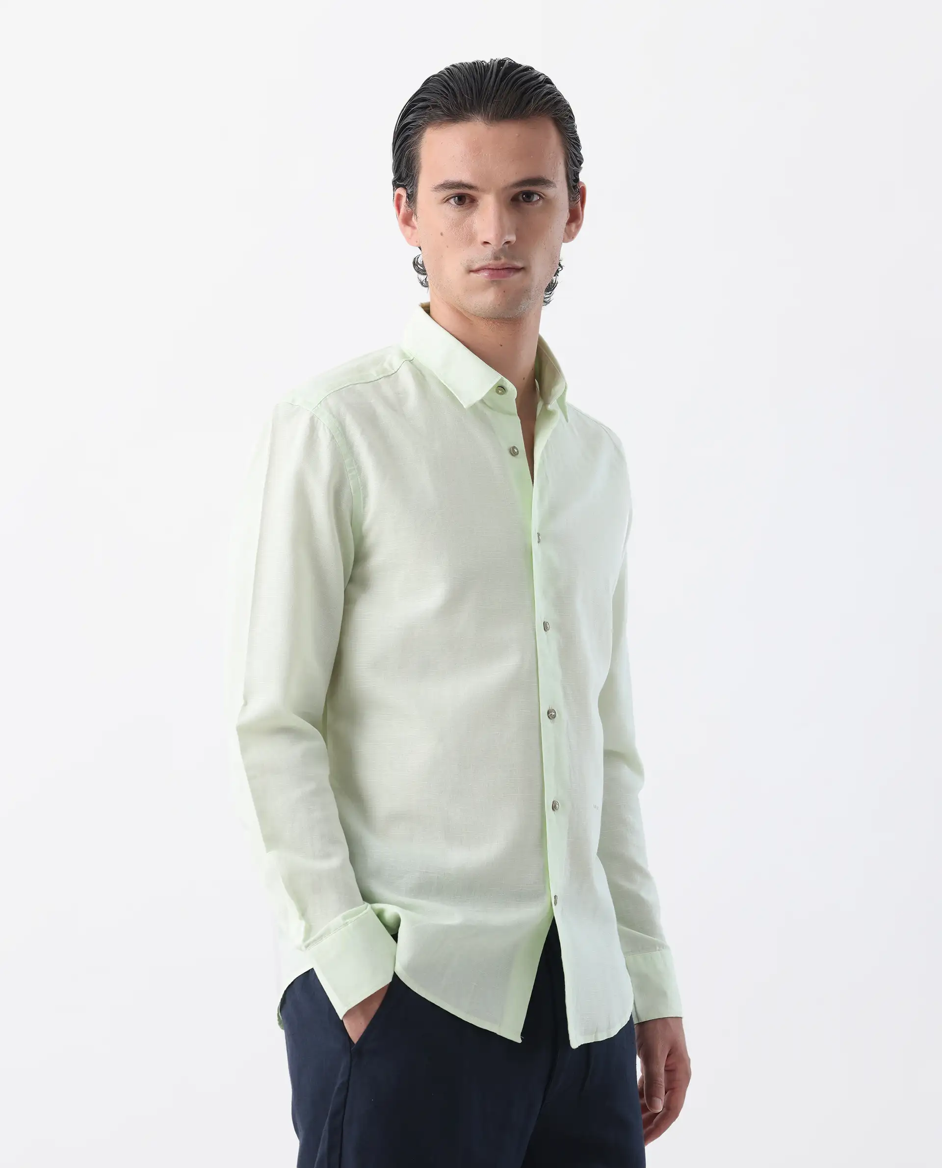 Rare Rabbit Men's Linux Pastel Green Linen Blend Plain Regular Fit Full Sleeve Collared Shirt - Image 7