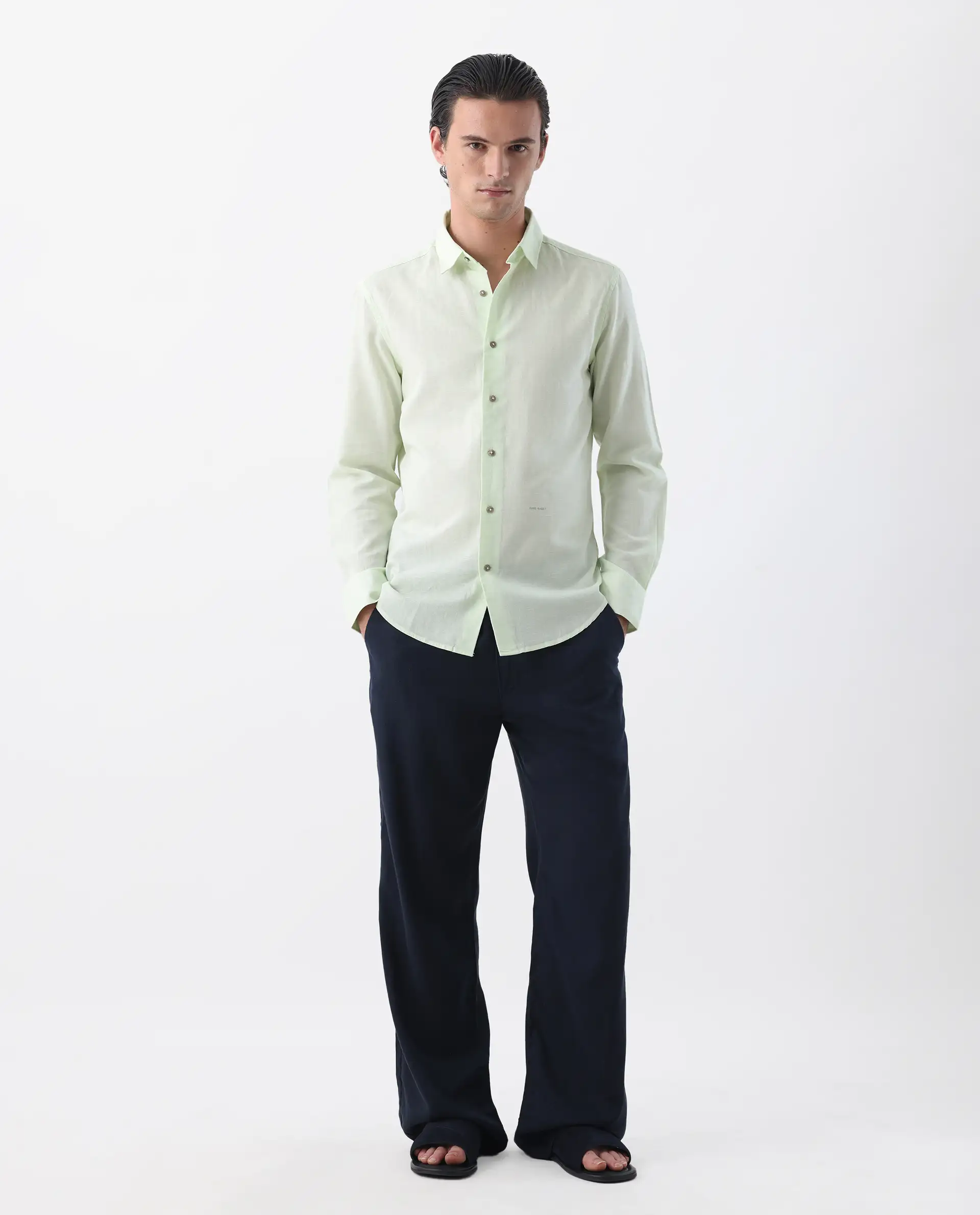 Rare Rabbit Men's Linux Pastel Green Linen Blend Plain Regular Fit Full Sleeve Collared Shirt - Image 8