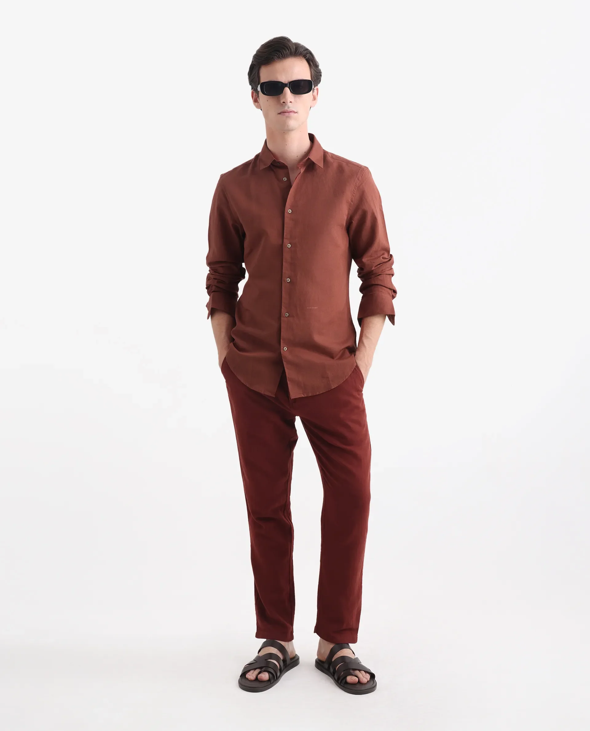 Rare Rabbit Men's Linux Rust Linen Blend Plain Regular Fit Full Sleeve Collared Shirt - Image 2