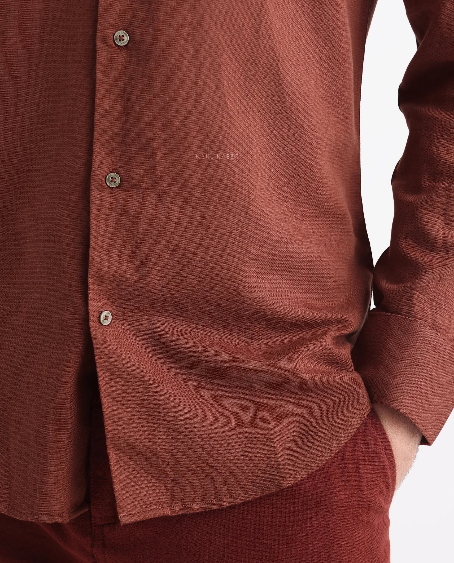 Rare Rabbit Men's Linux Rust Linen Blend Plain Regular Fit Full Sleeve Collared Shirt - Image 3