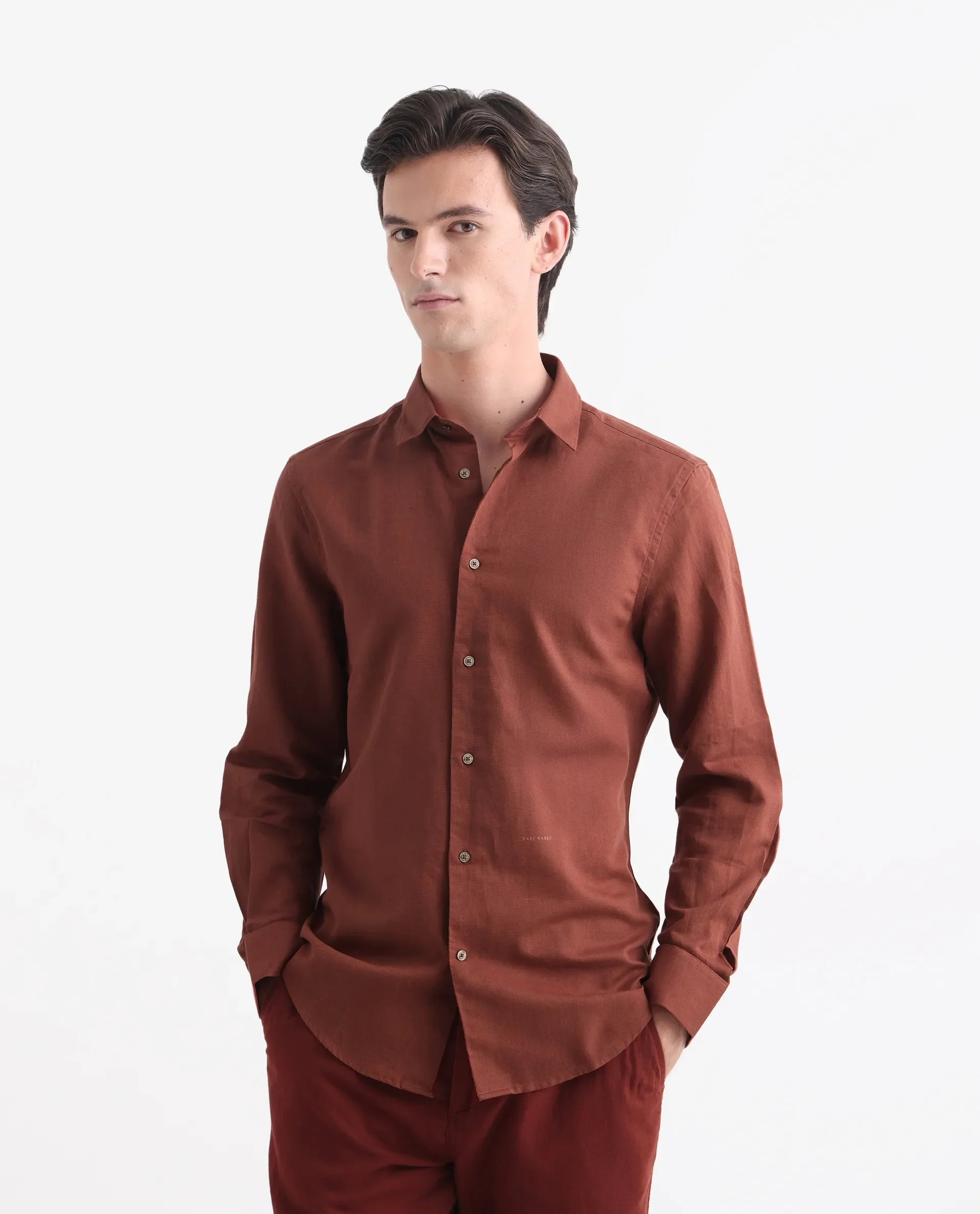 Rare Rabbit Men's Linux Rust Linen Blend Plain Regular Fit Full Sleeve Collared Shirt - Image 4