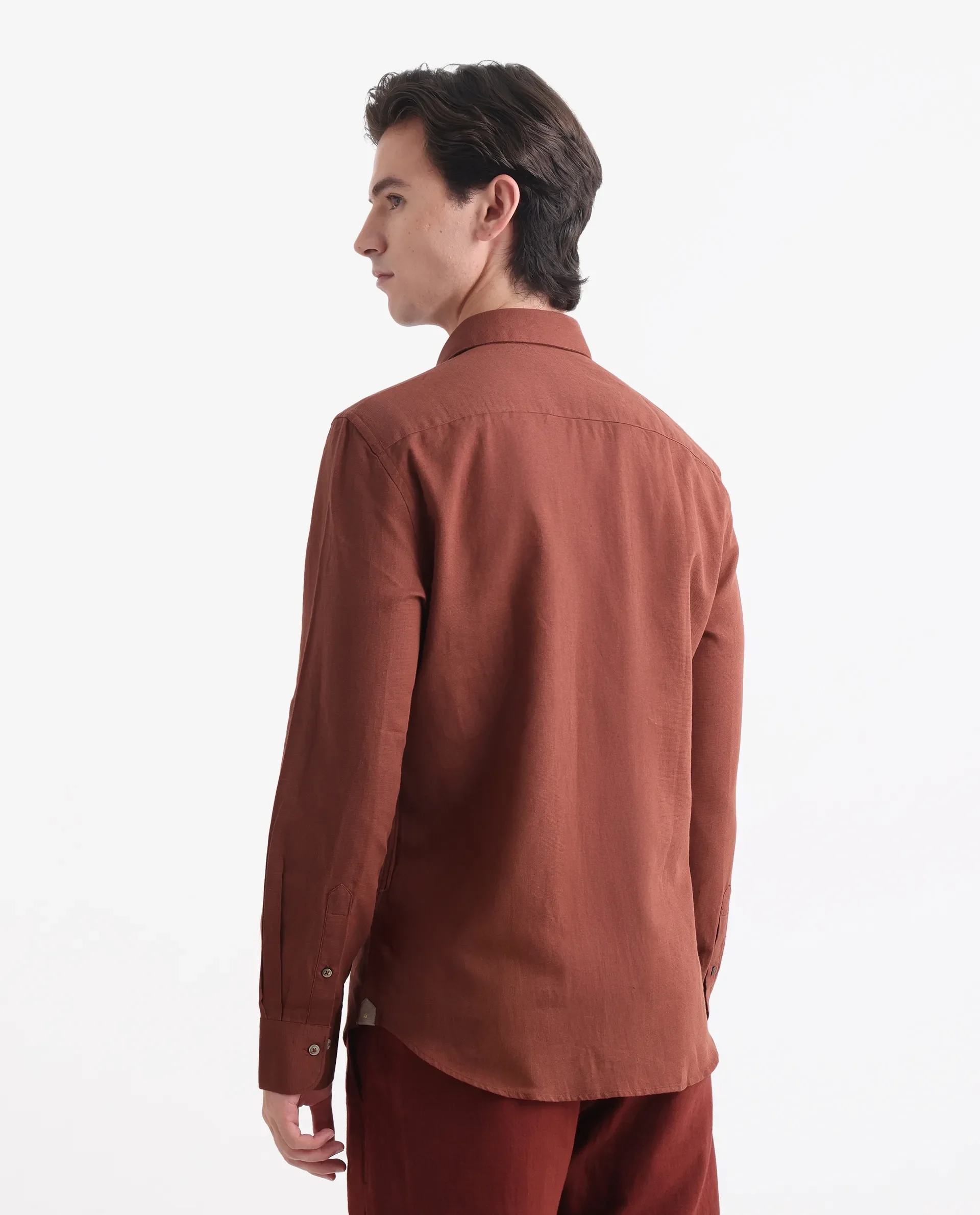 Rare Rabbit Men's Linux Rust Linen Blend Plain Regular Fit Full Sleeve Collared Shirt - Image 6