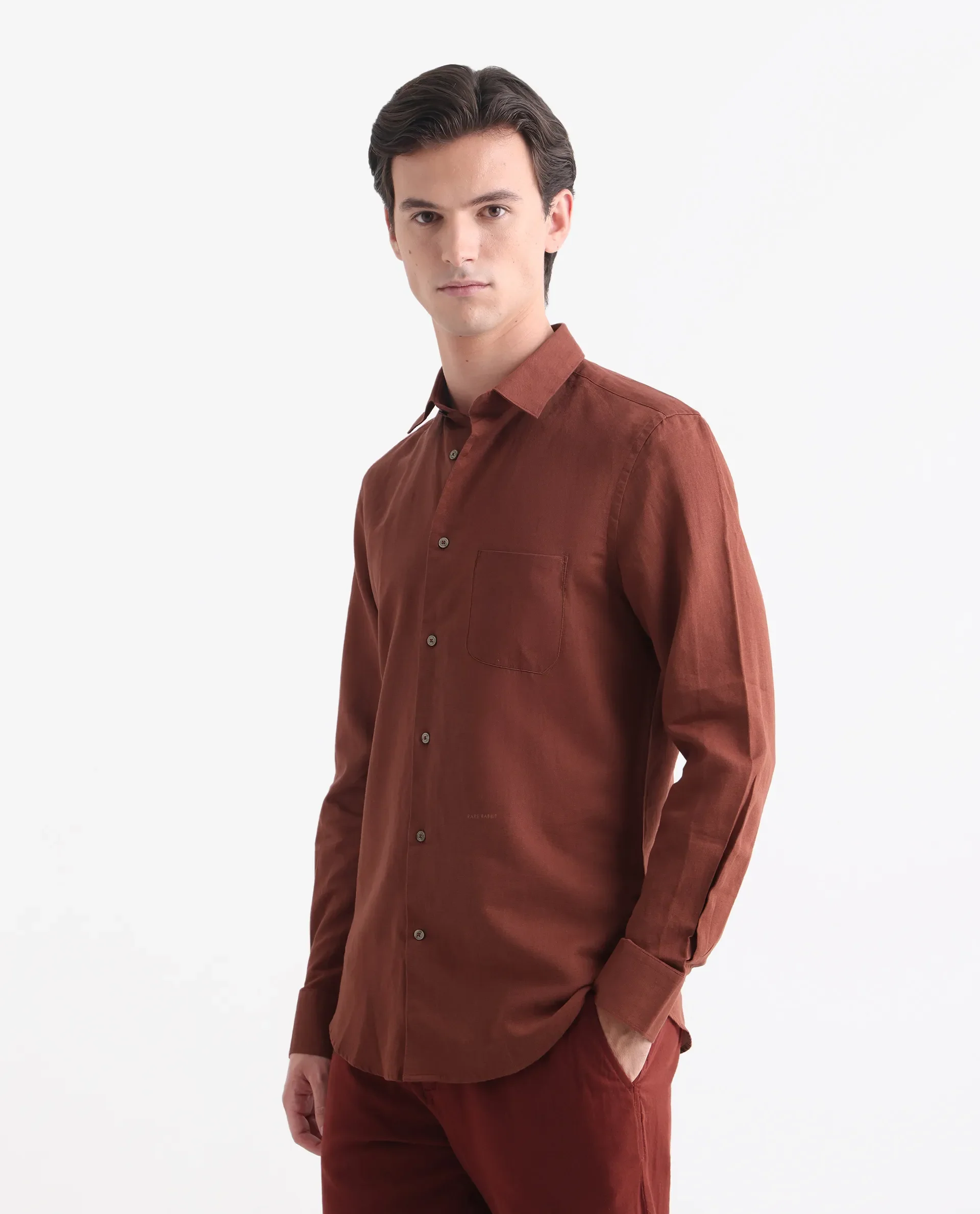 Rare Rabbit Men's Linux Rust Linen Blend Plain Regular Fit Full Sleeve Collared Shirt - Image 7