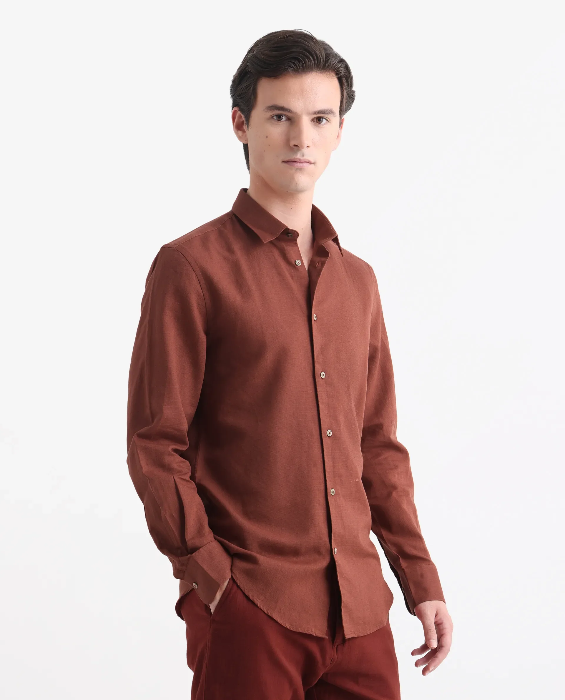 Rare Rabbit Men's Linux Rust Linen Blend Plain Regular Fit Full Sleeve Collared Shirt - Image 8
