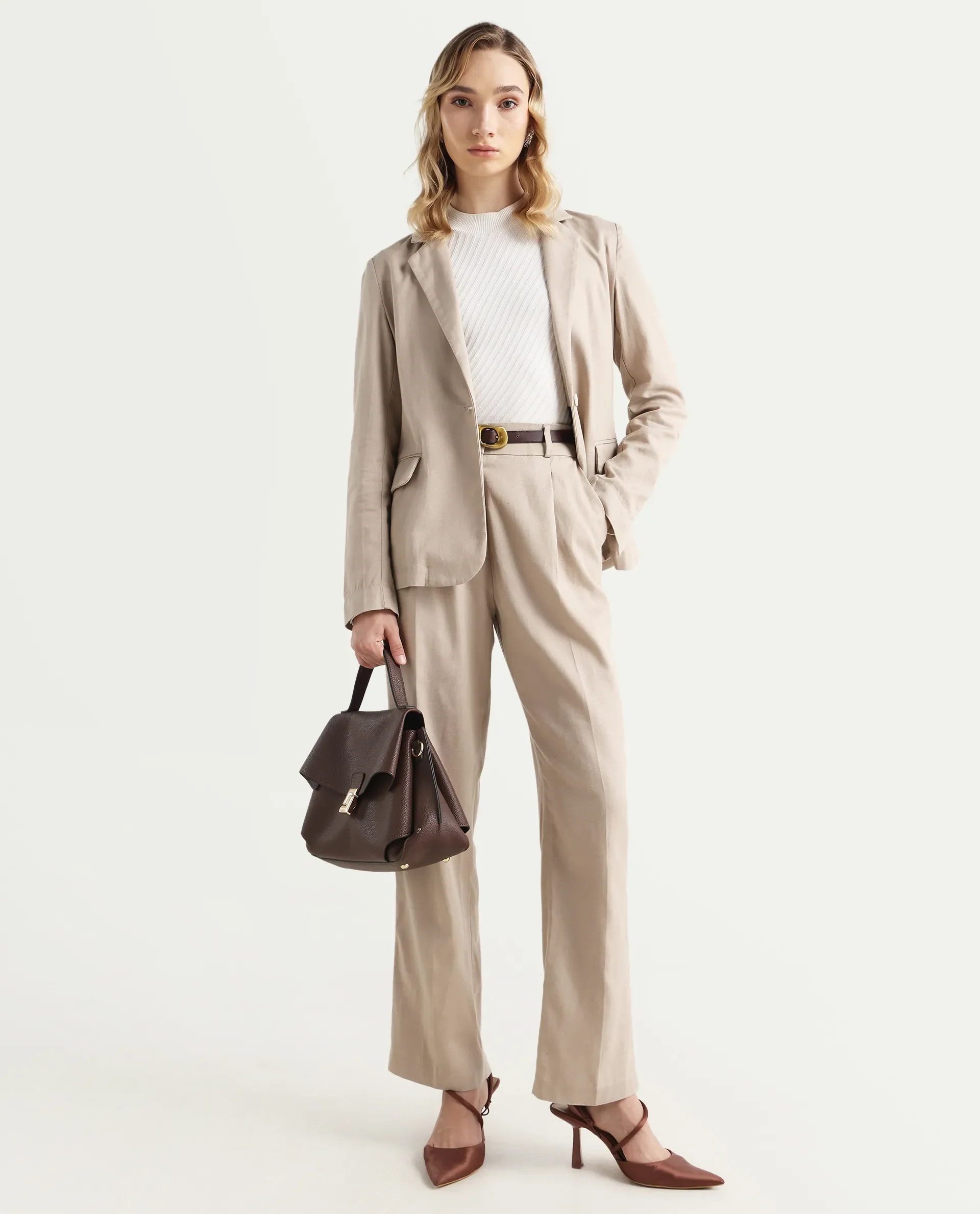Rareism Women's Linzy-B Beige 100% Linen Straight Plain Trouser