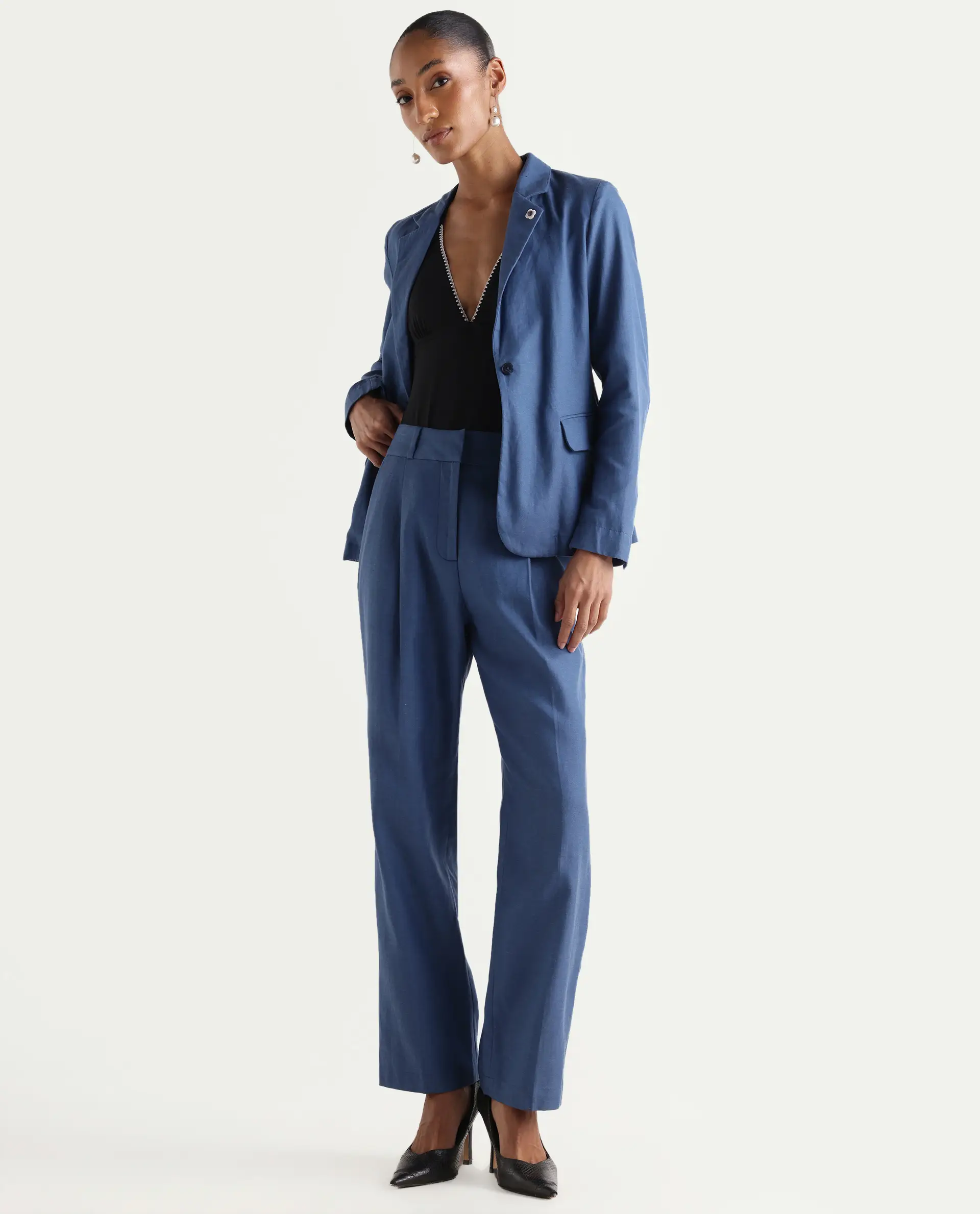 Rareism Women's Linzy-B Blue 100% Linen Straight Plain Trouser - Image 2