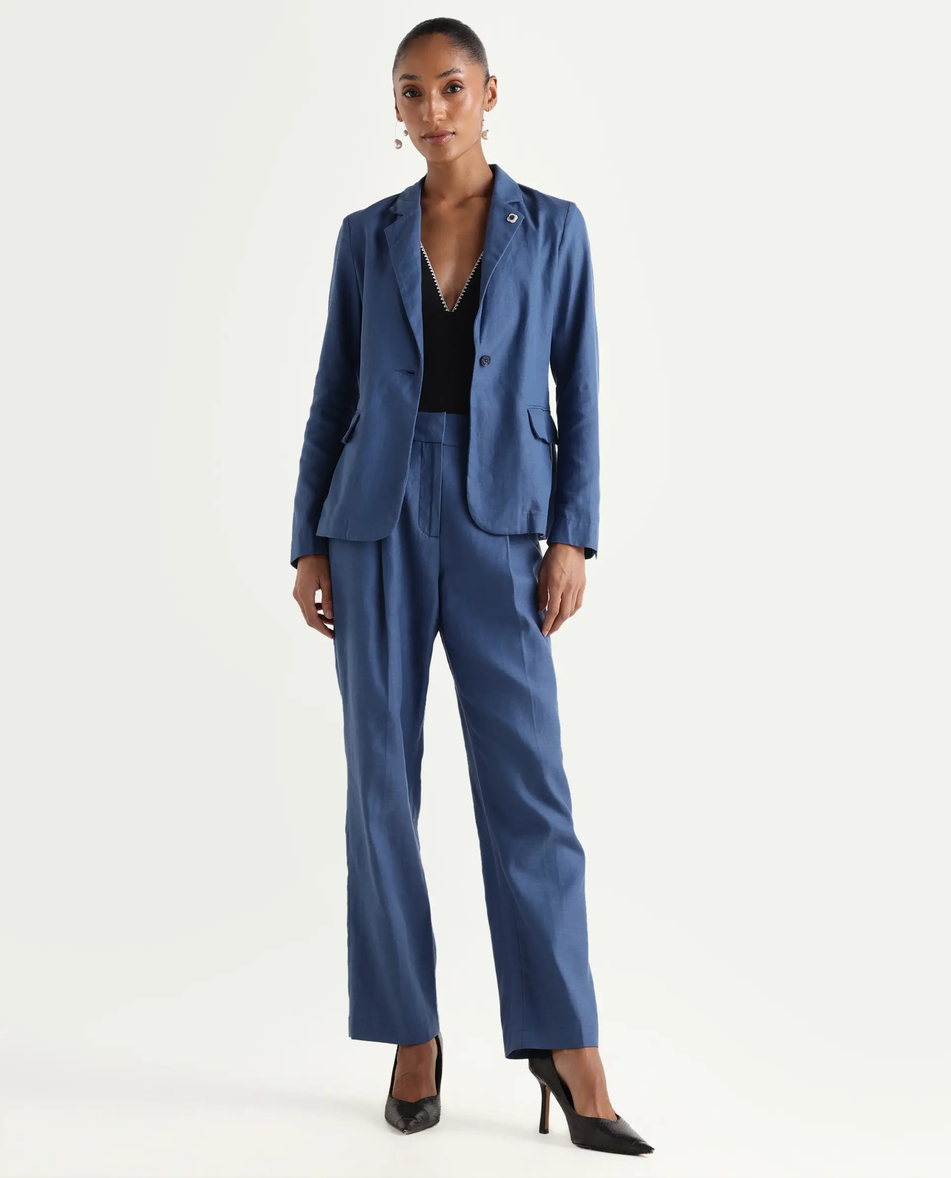 Rareism Women's Linzy-B Blue 100% Linen Straight Plain Trouser - Image 4