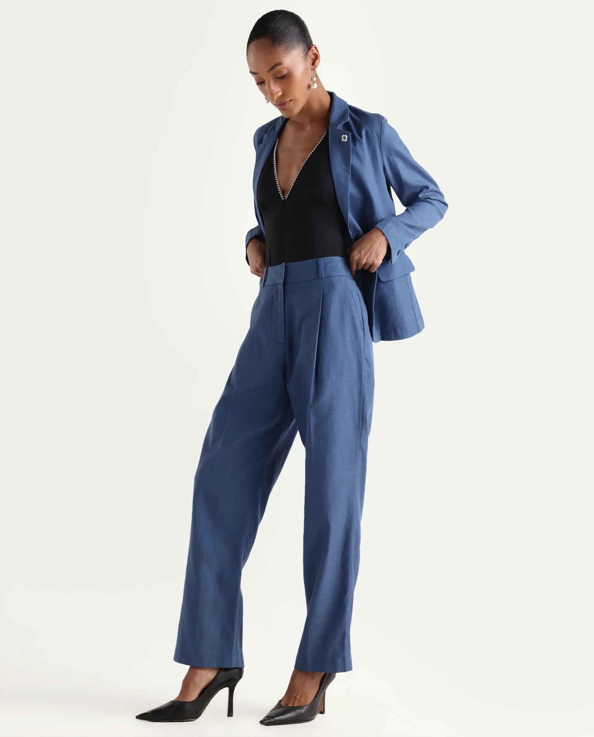 Rareism Women's Linzy-B Blue 100% Linen Straight Plain Trouser - Image 5