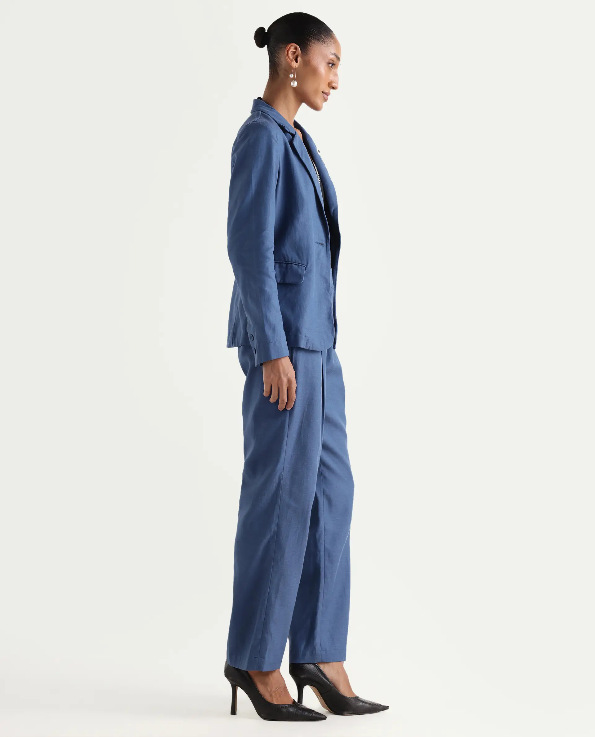 Rareism Women's Linzy-B Blue 100% Linen Straight Plain Trouser - Image 6