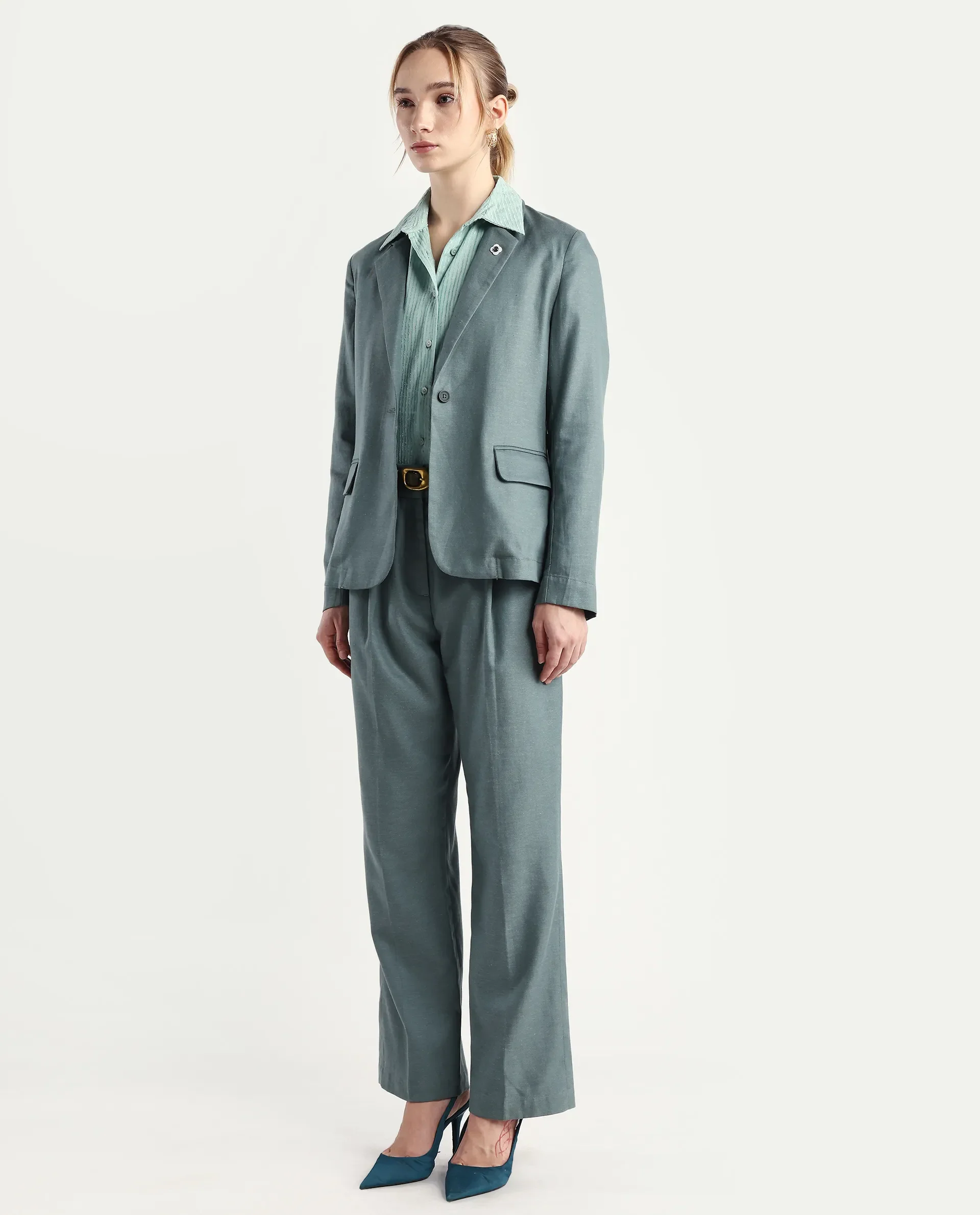 Rareism Women's Linzy-B Dusky Green 100% Linen Straight Plain Trouser