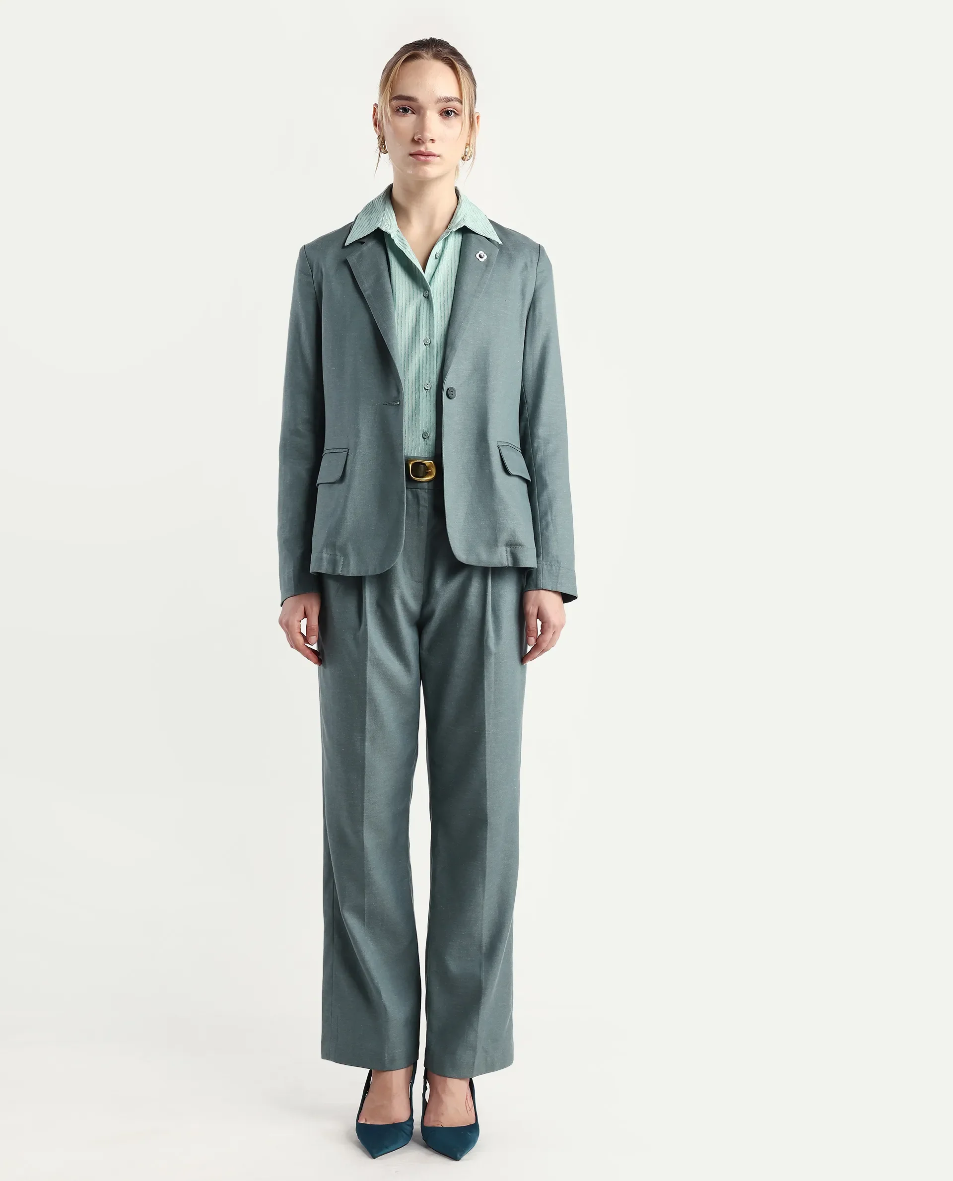 Rareism Women's Linzy-B Dusky Green 100% Linen Straight Plain Trouser - Image 2