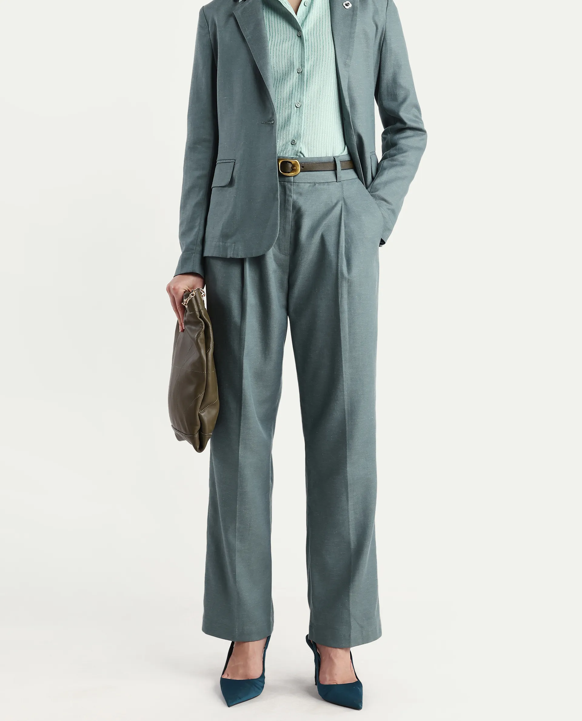 Rareism Women's Linzy-B Dusky Green 100% Linen Straight Plain Trouser - Image 3