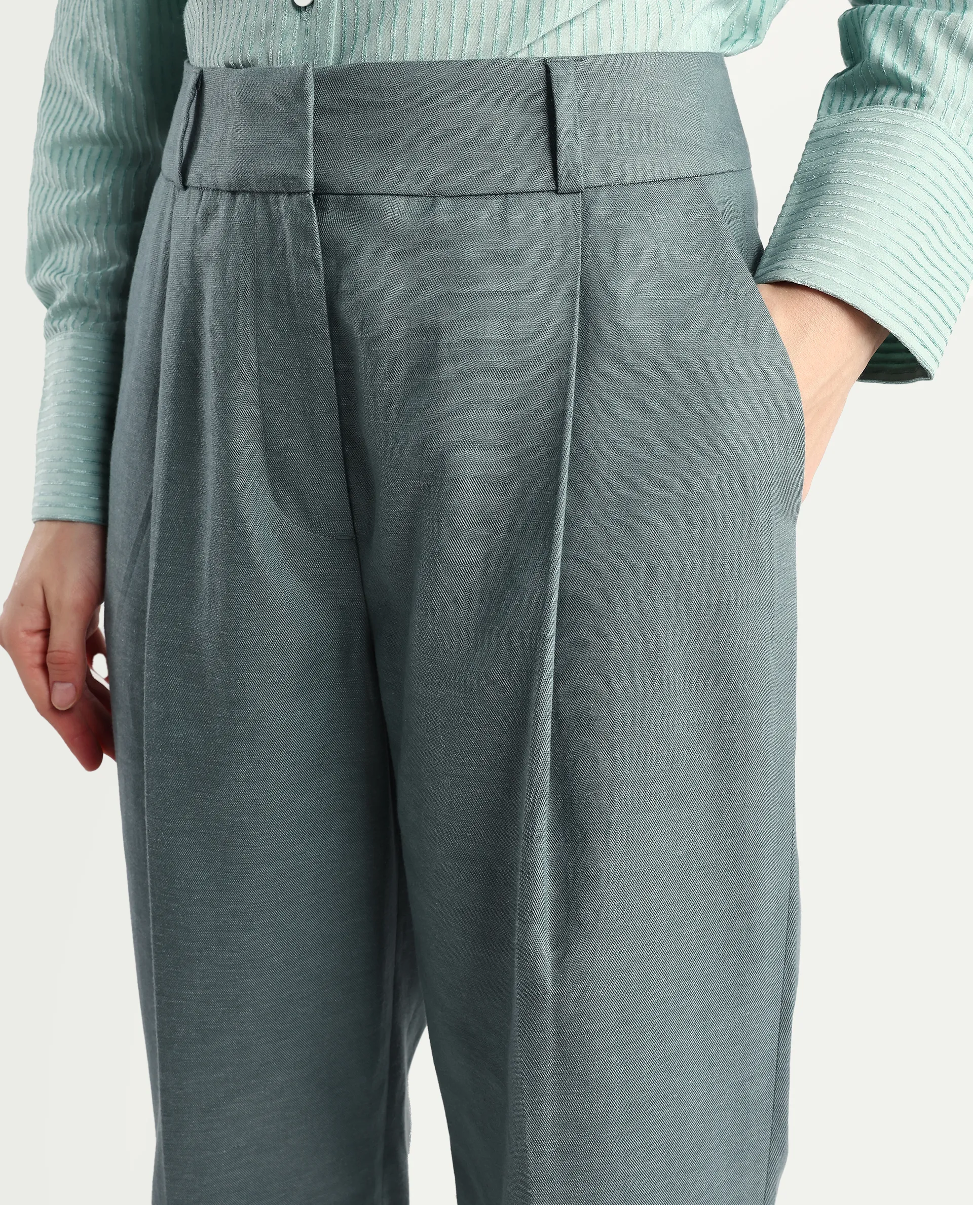 Rareism Women's Linzy-B Dusky Green 100% Linen Straight Plain Trouser - Image 4