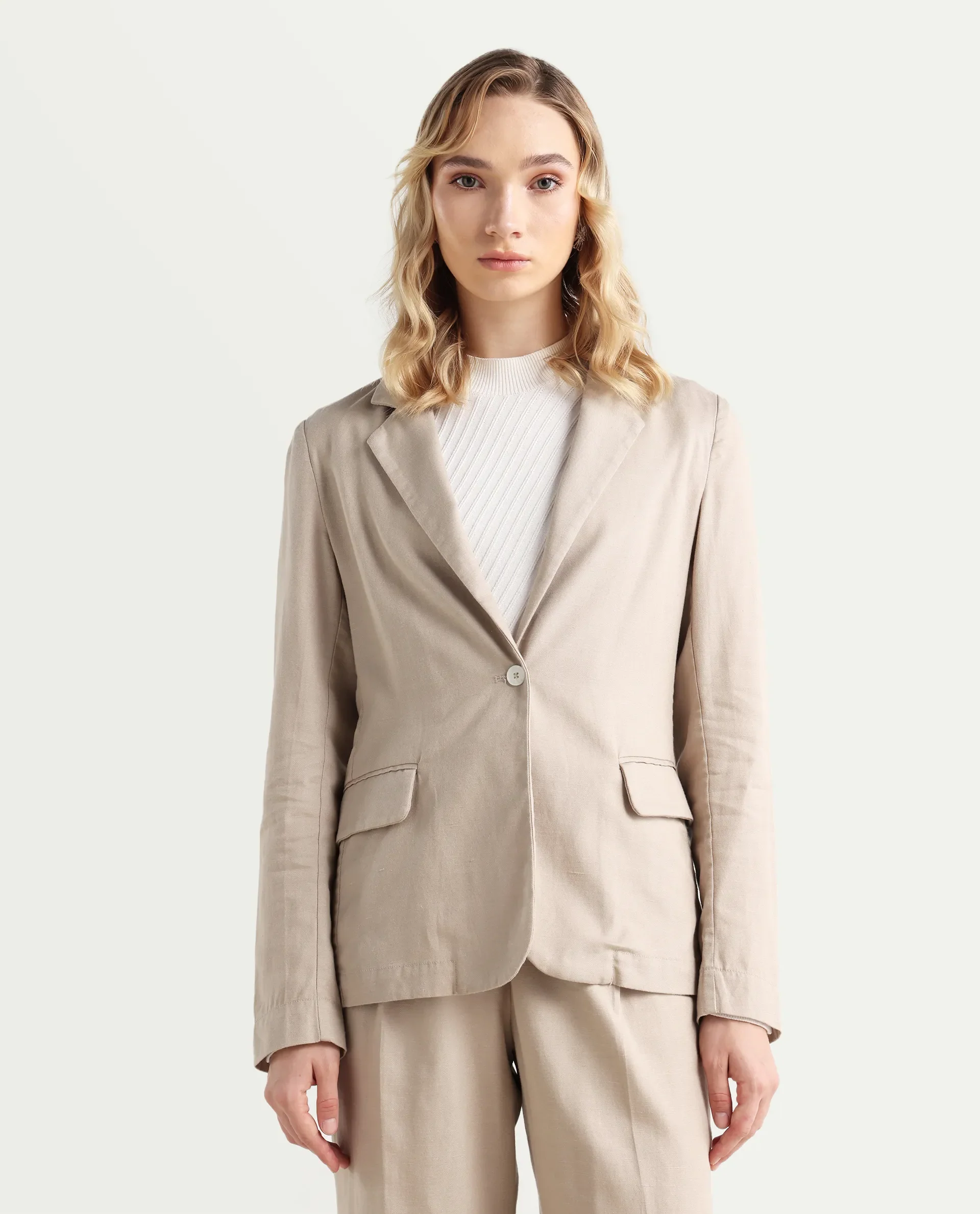Rareism Women's Linzy-T Beige 100% Linen Full Sleeve Lapel Neck Regular Plain Blazer - Image 3