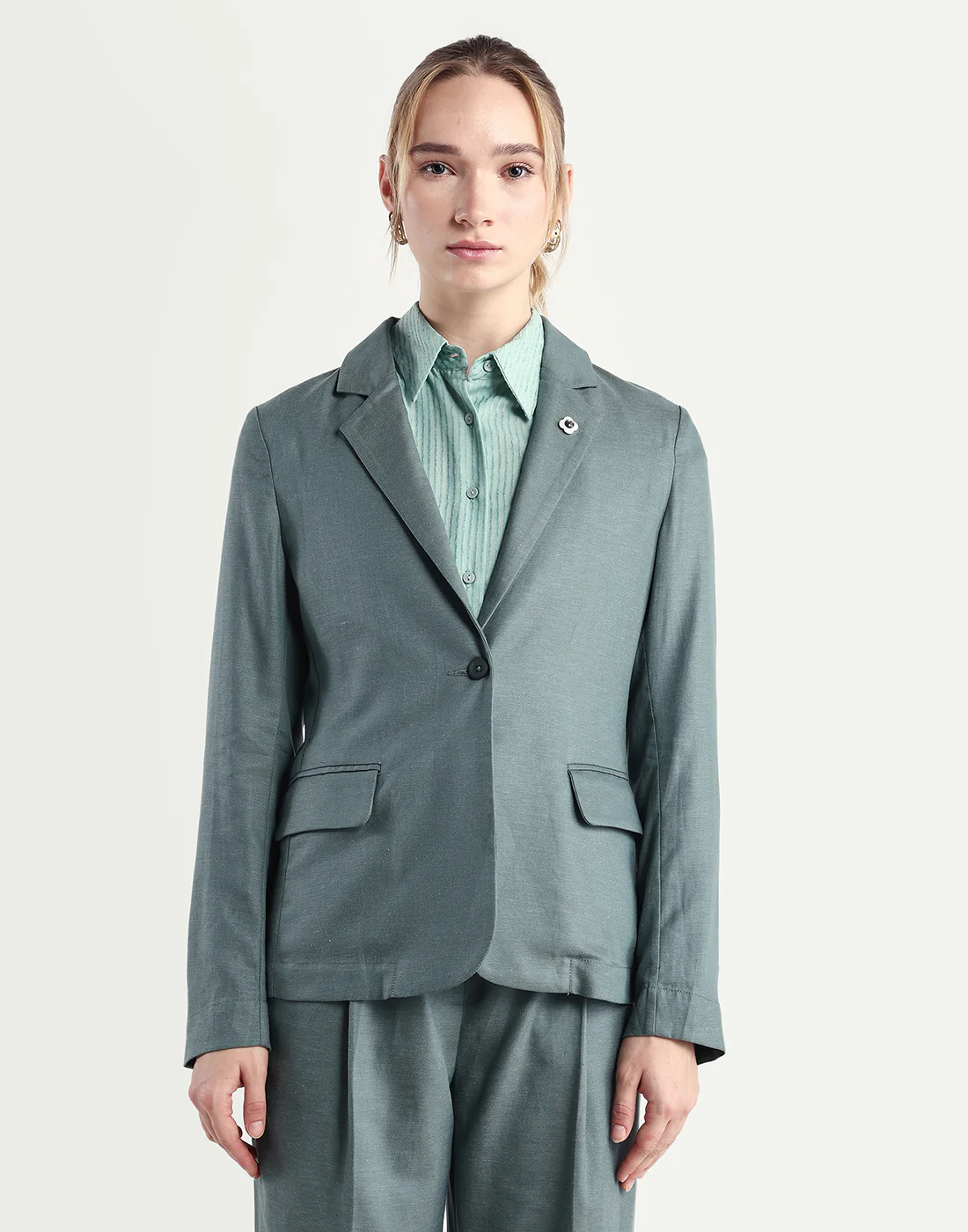 Rareism Women's Linzy-T Dusky Green 100% Linen Full Sleeve Lapel Neck Regular Plain Blazer - Image 3