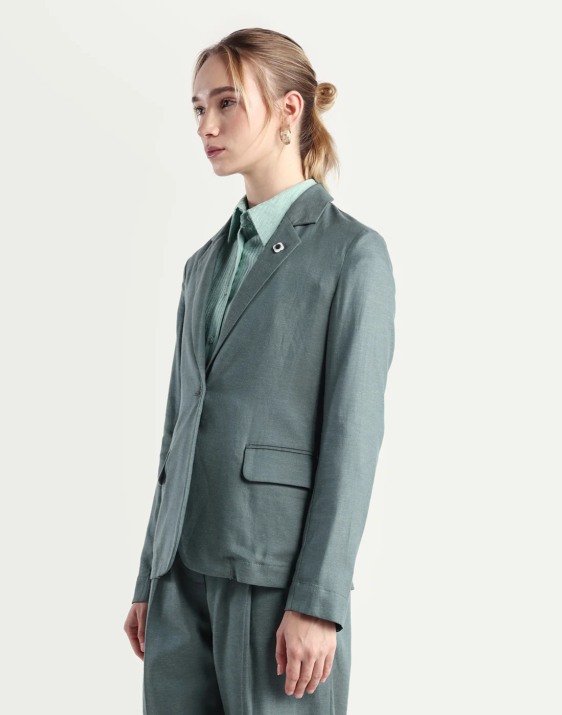 Rareism Women's Linzy-T Dusky Green 100% Linen Full Sleeve Lapel Neck Regular Plain Blazer - Image 5