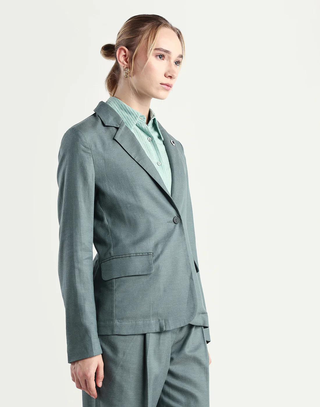 Rareism Women's Linzy-T Dusky Green 100% Linen Full Sleeve Lapel Neck Regular Plain Blazer - Image 6