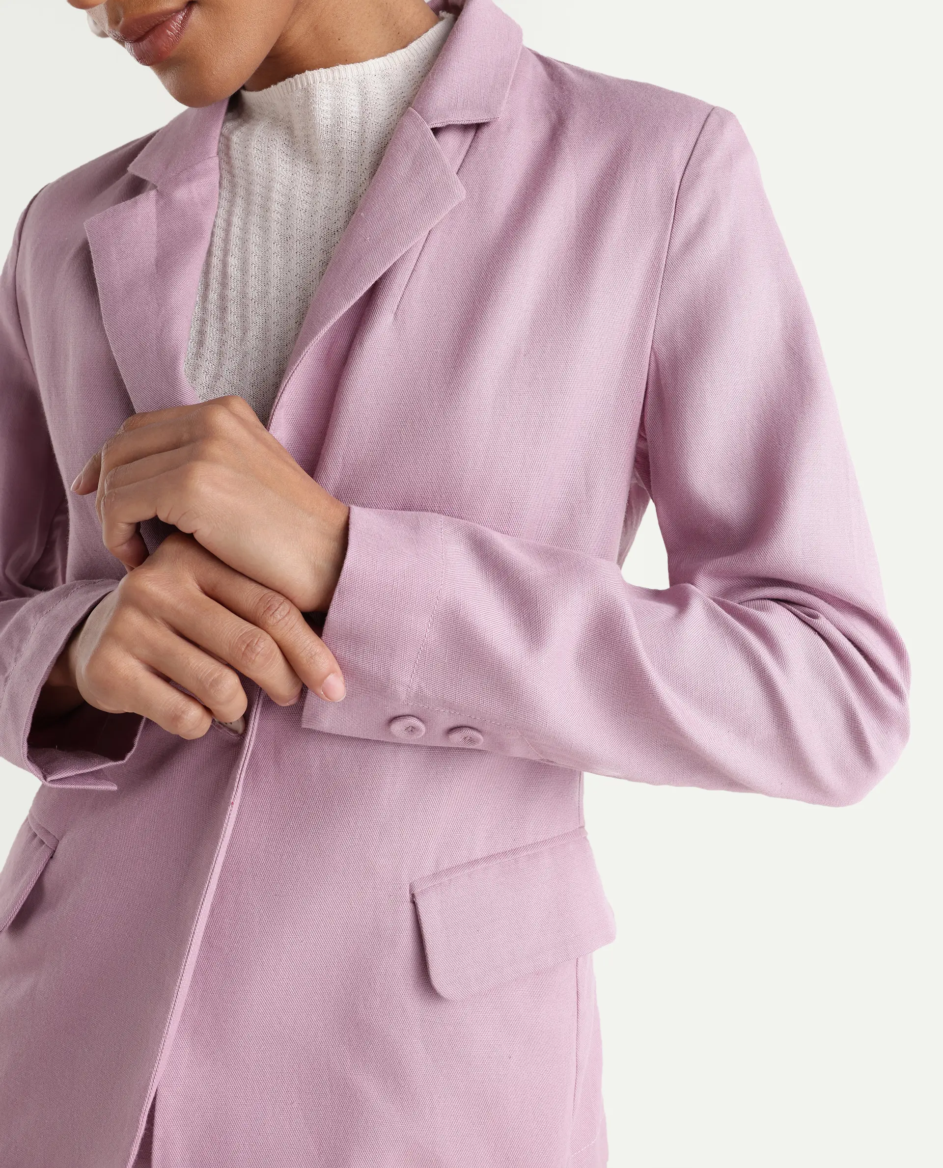 Rareism Women's Linzy-T Dusky Pink 100% Linen Full Sleeve Lapel Neck Regular Plain Blazer - Image 3