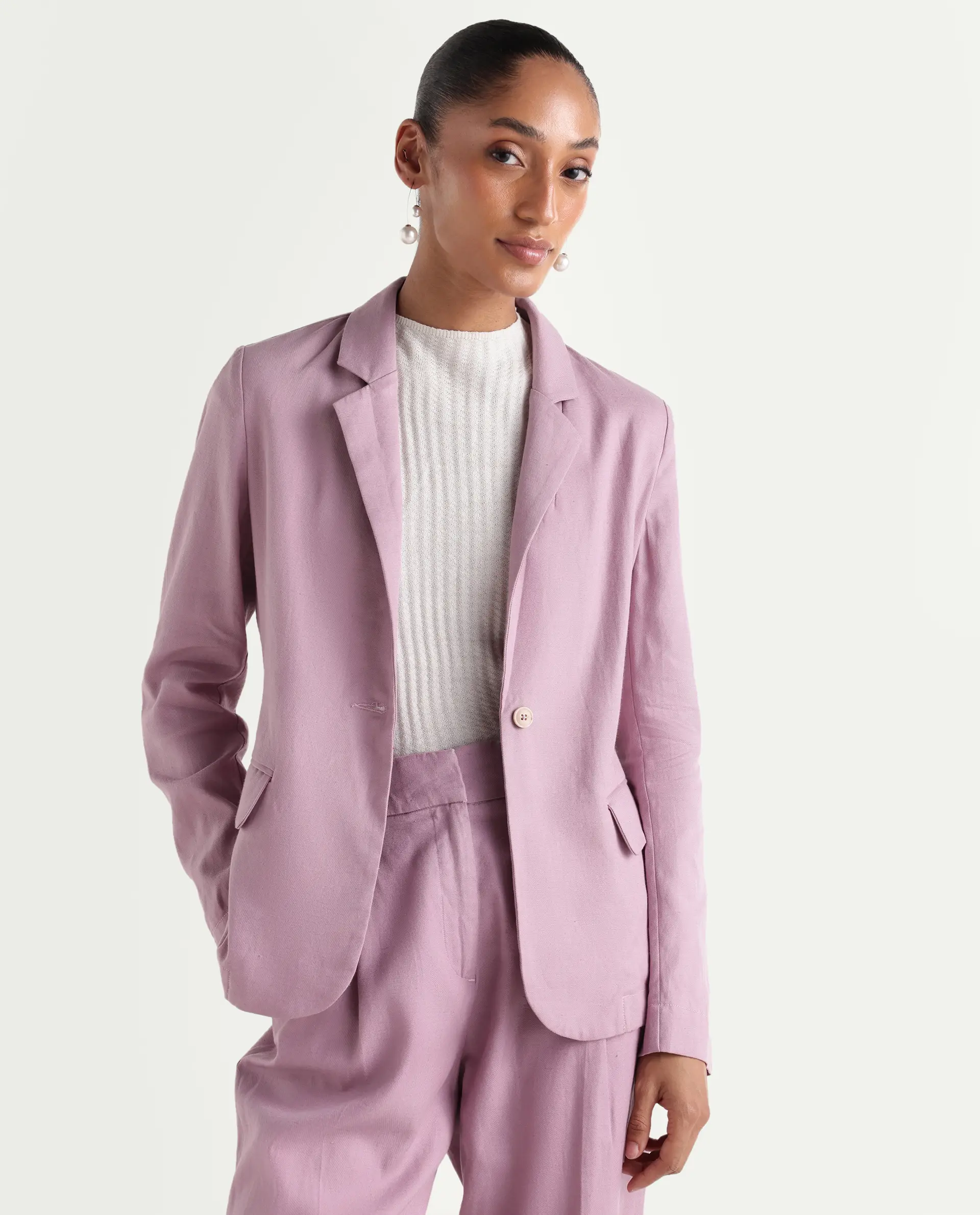 Rareism Women's Linzy-T Dusky Pink 100% Linen Full Sleeve Lapel Neck Regular Plain Blazer - Image 4