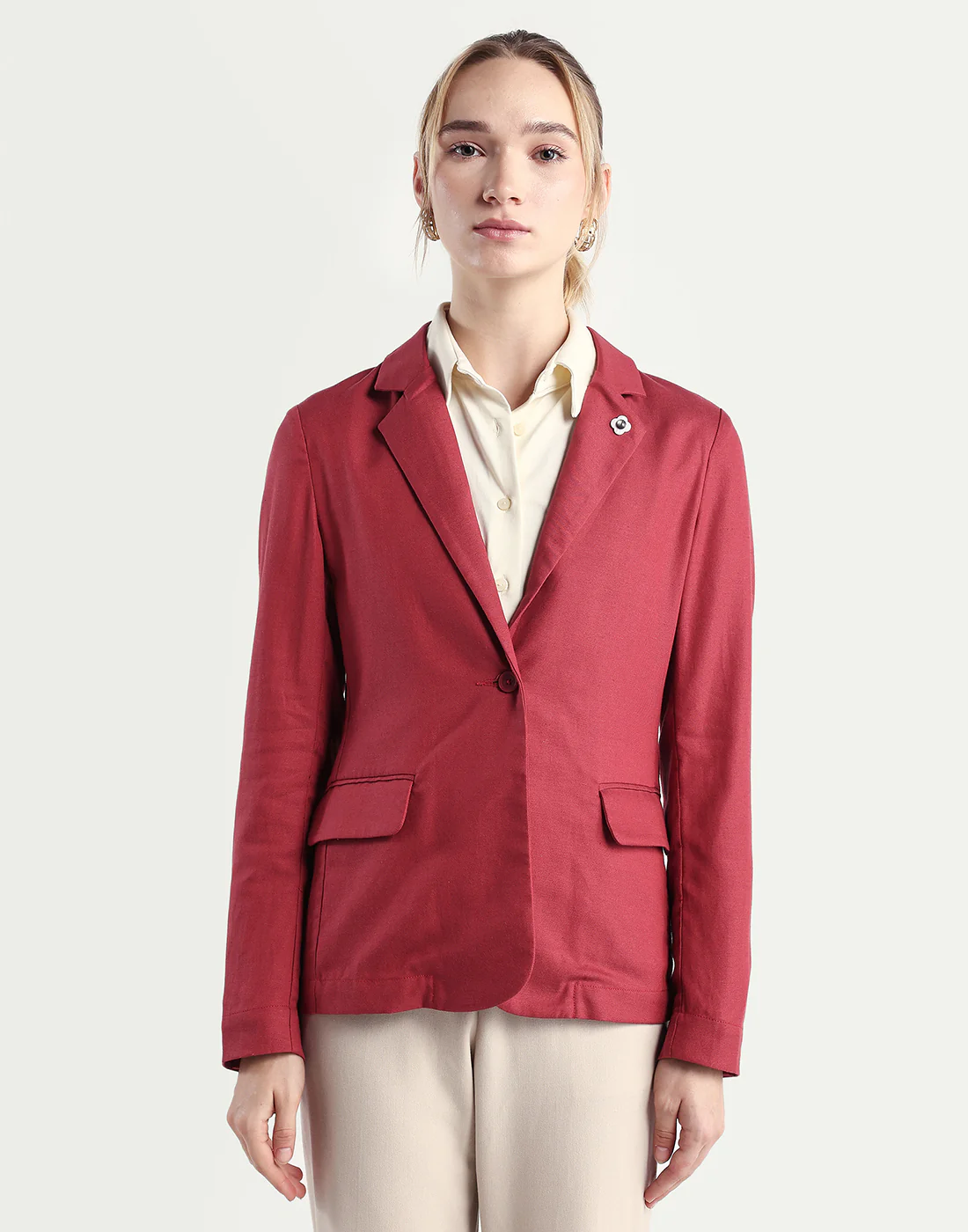 Rareism Women's Linzy-T Red 100% Linen Full Sleeve Lapel Neck Regular Plain Blazer - Image 3