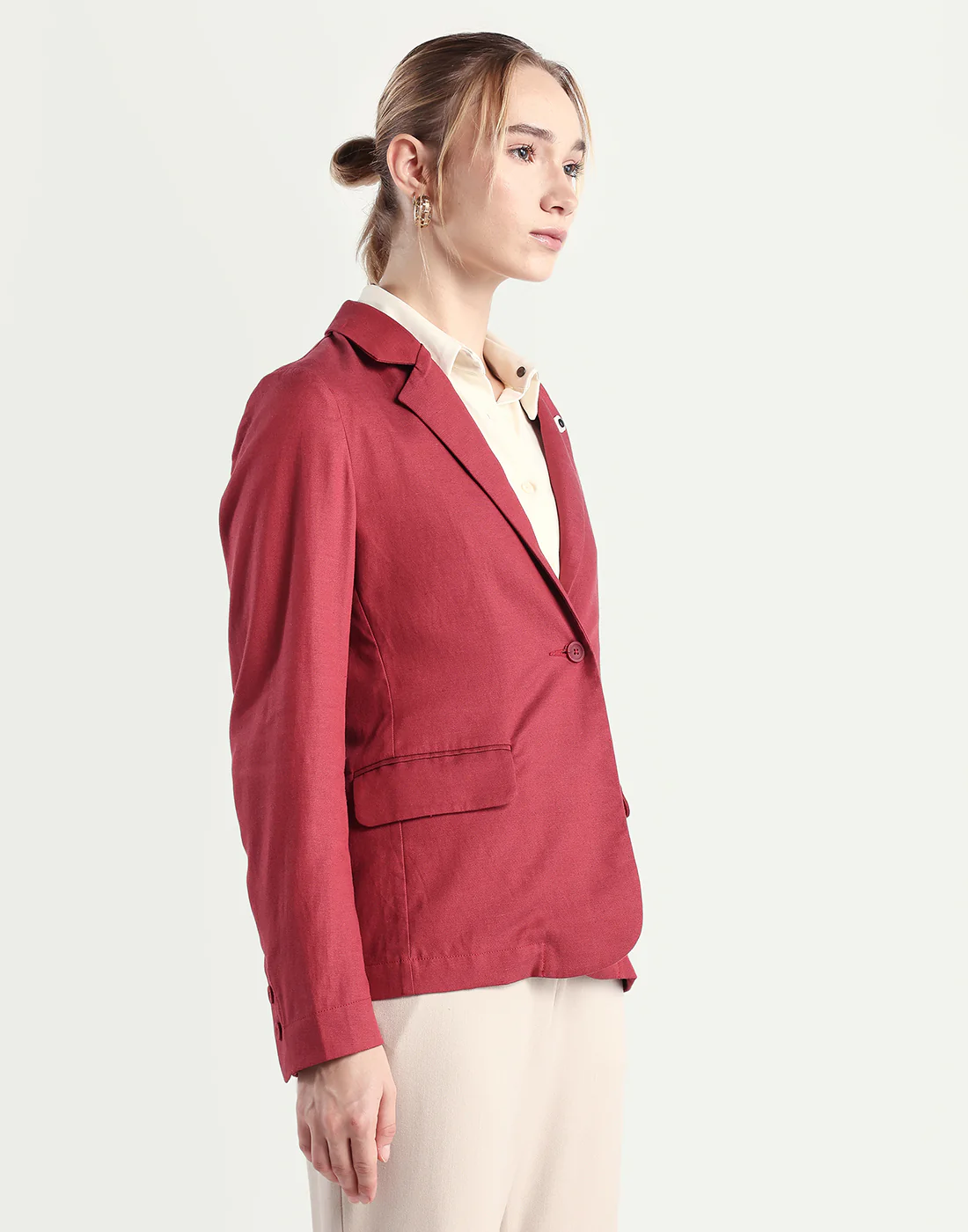 Rareism Women's Linzy-T Red 100% Linen Full Sleeve Lapel Neck Regular Plain Blazer - Image 5